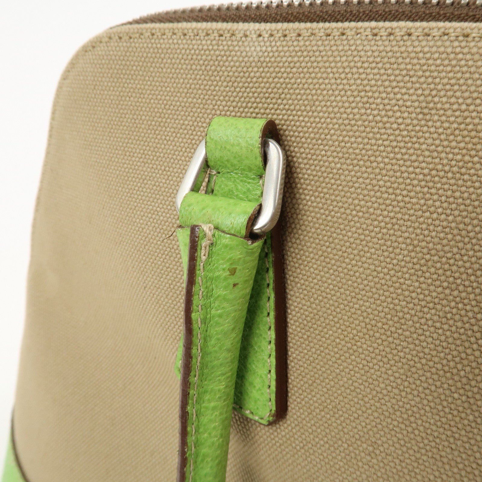 PRADA Canvas Leather Tote Bag Hand Bag Beige Light Green BN0082
