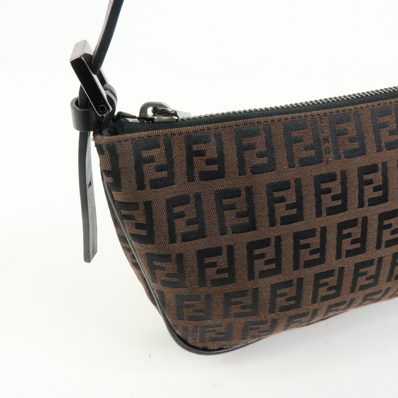 FENDI Zucchino Canvas Leather Hand Bag Brown Black 8BR1440