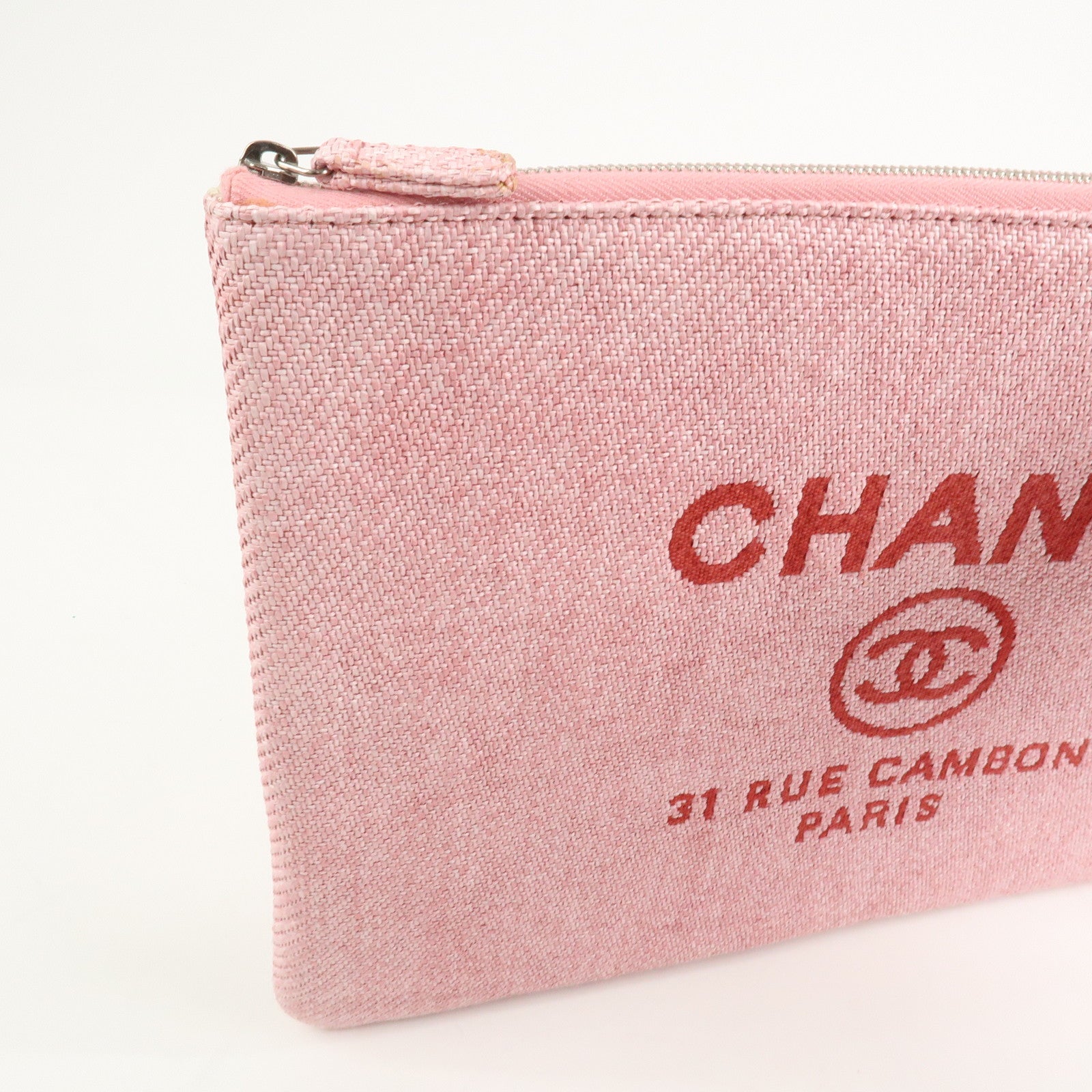 CHANEL Deauville Straw Clutch Bag Pouch Pink Red