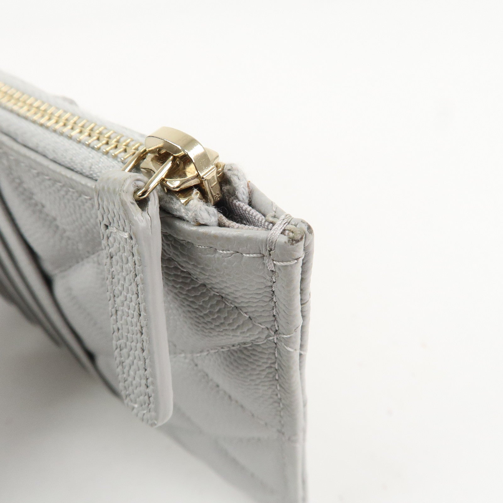 CHANEL Matelasse Caviar Skin Coco Mark Classic Pouch Card Case Gray Used