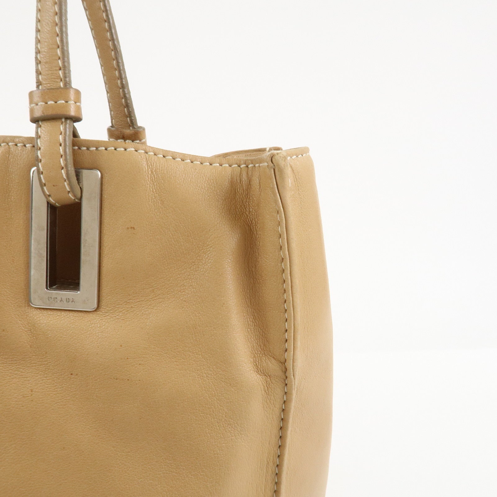 PRADA Triangle Logo Lambskin Tote Bag Shoulder Bag Beige BR1566