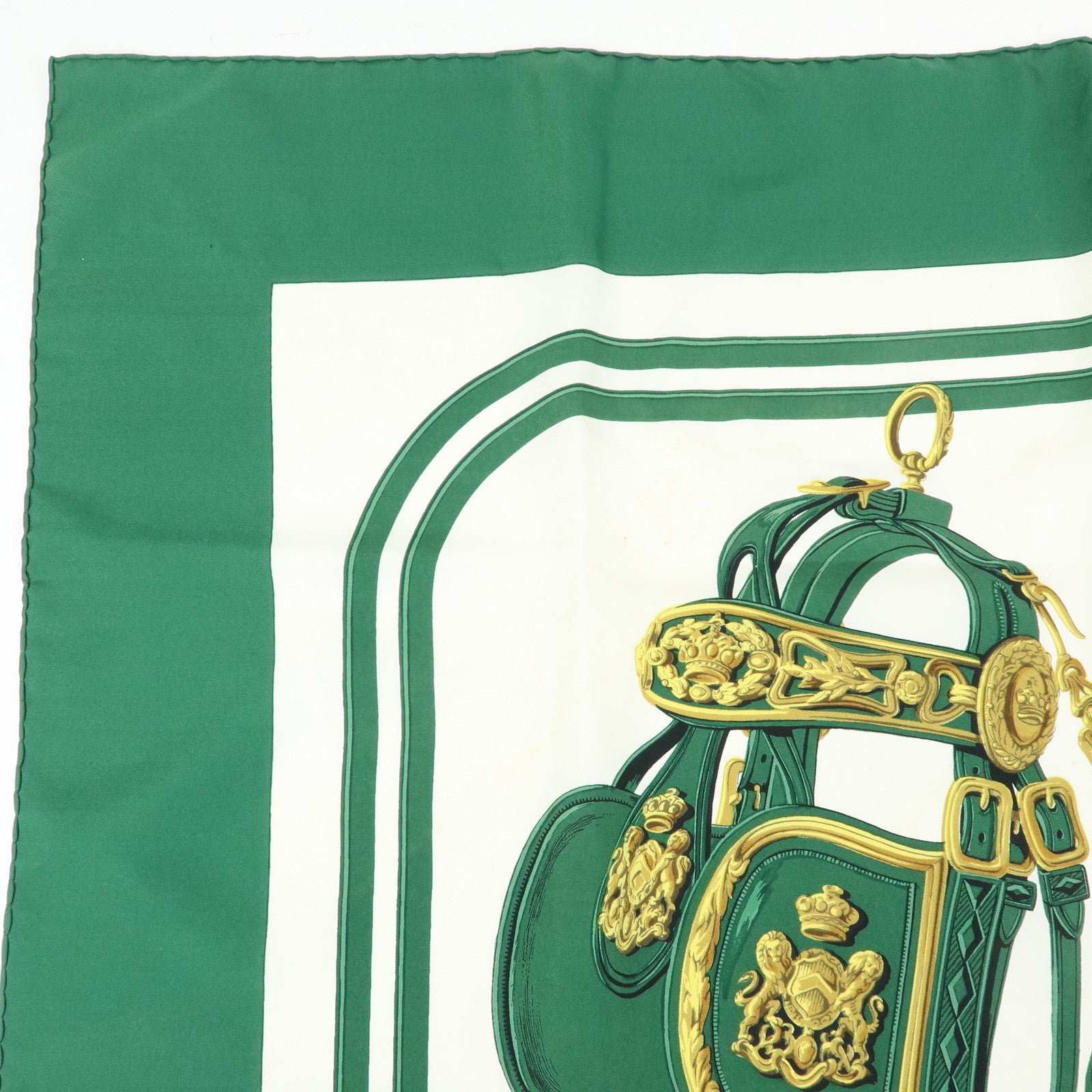 HERMES Carre 90 Silk 100% Scarf BRIDES DE GALA Bridle Green White