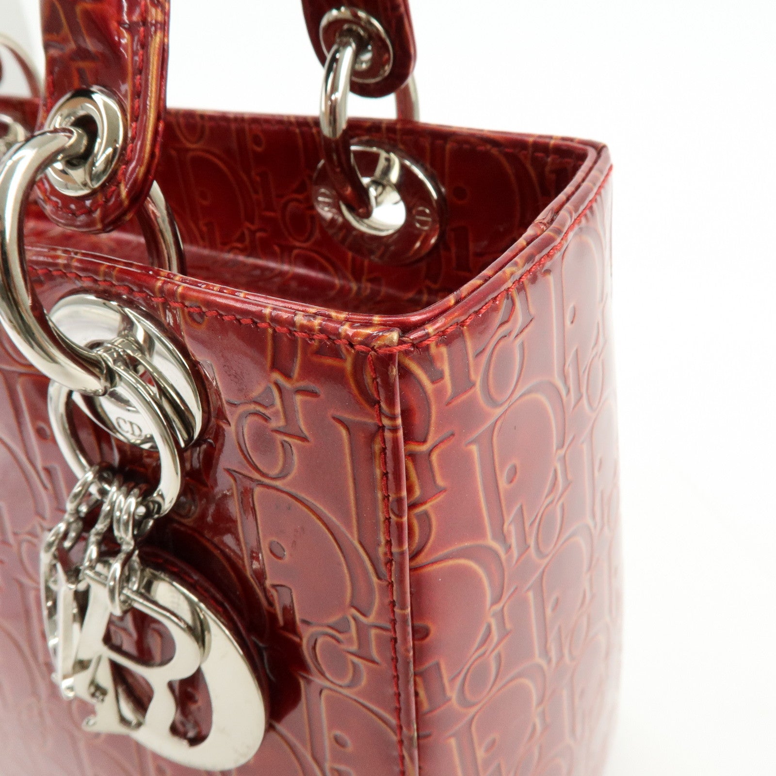 Christian Dior Lady Dior Patent Leather Hand Bag Dior Logo Red