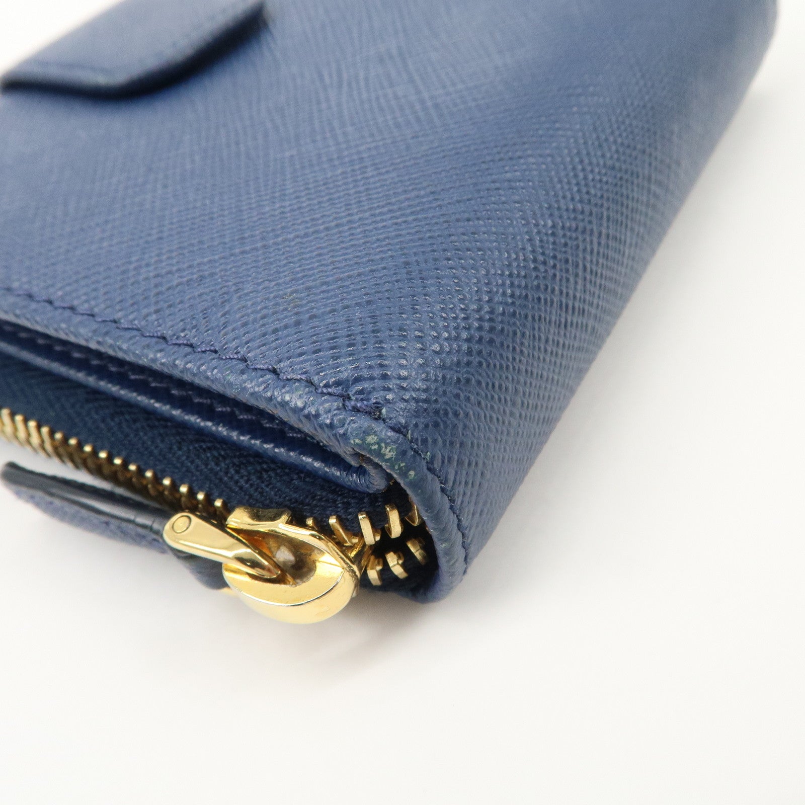 PRADA Logo Leather Round Zippy Bi-fold Wallet Blue 1ML522 Used