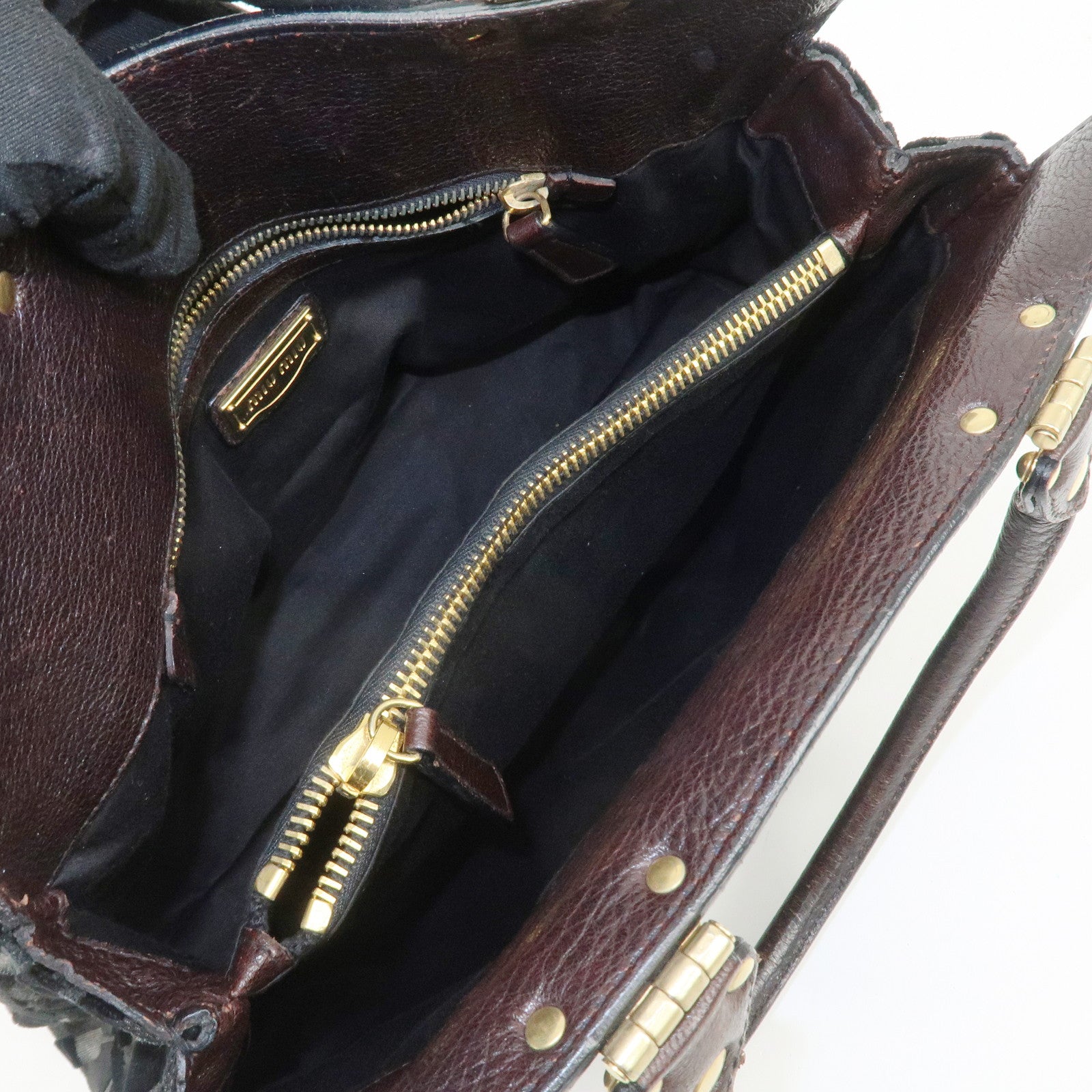 MIU MIU Logo Velour Leather Shoulder Bag Black Brown