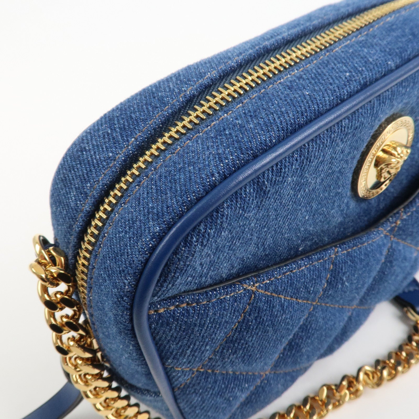 GIANNI VERSACE Denim Leather Chain Shoulder Bag Blue