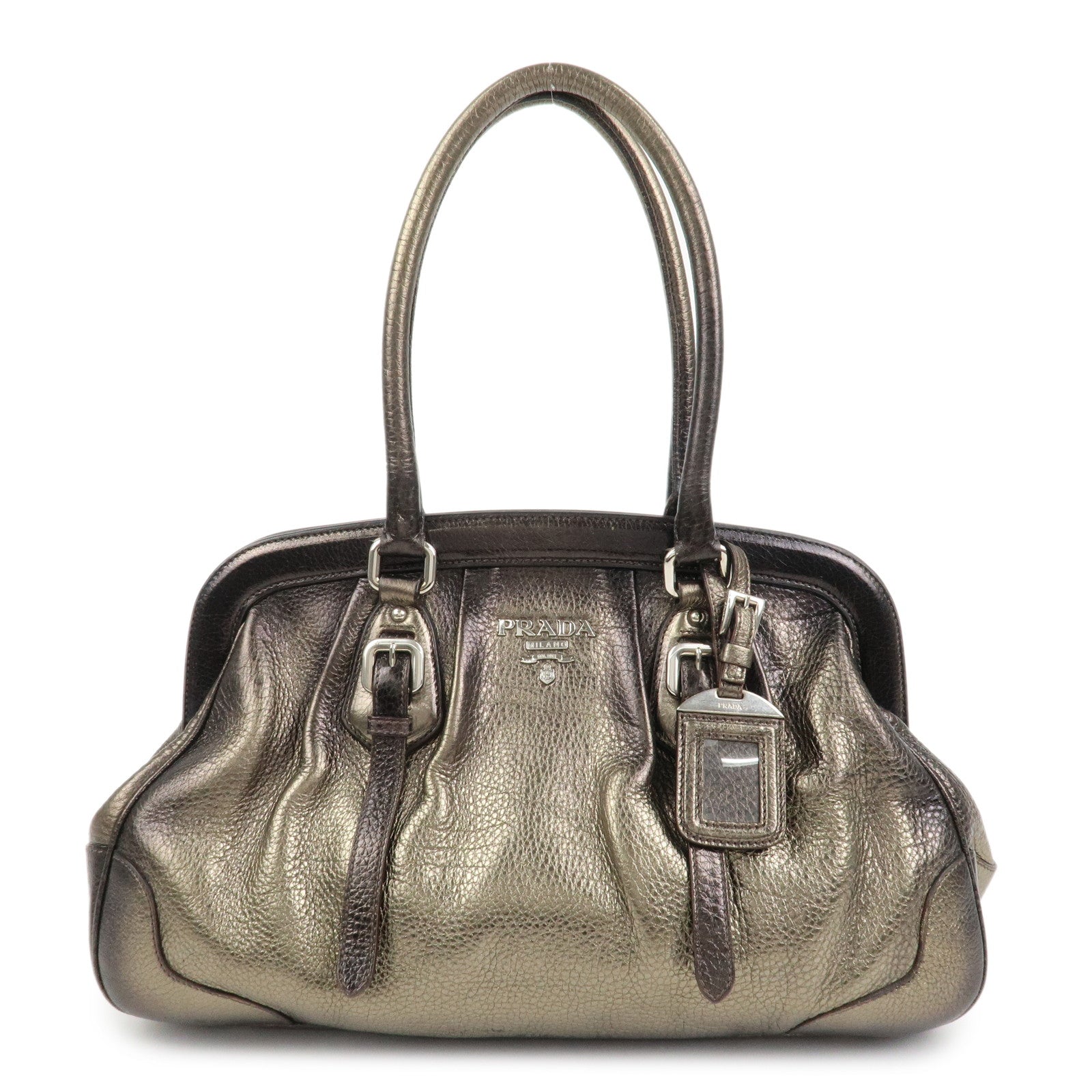 PRADA Logo Leather Shoulder Bag Boston Bag Metallic Gold