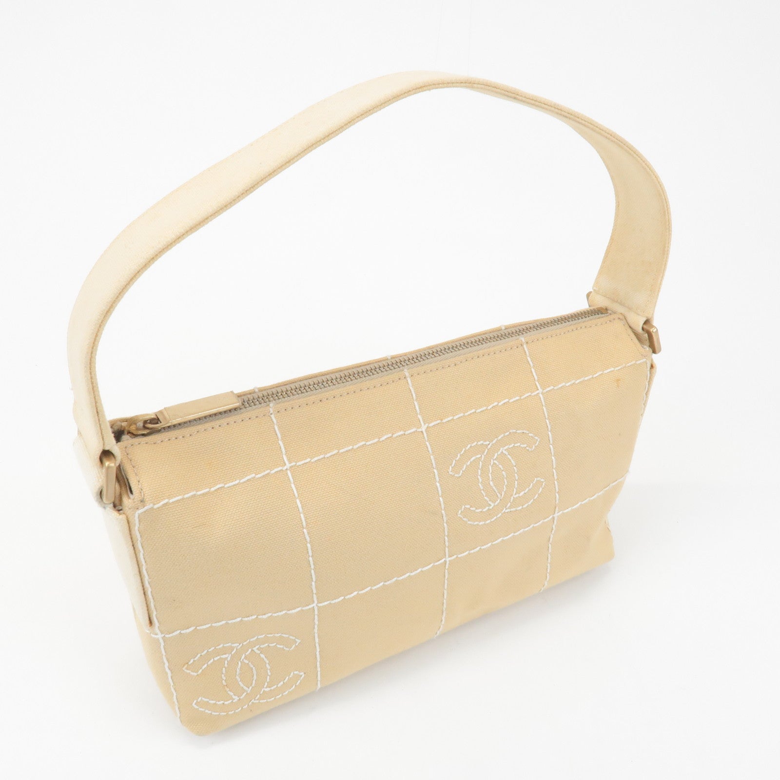 CHANEL Wild Stich Canvas Shoulder Bag Hand Bag Beige