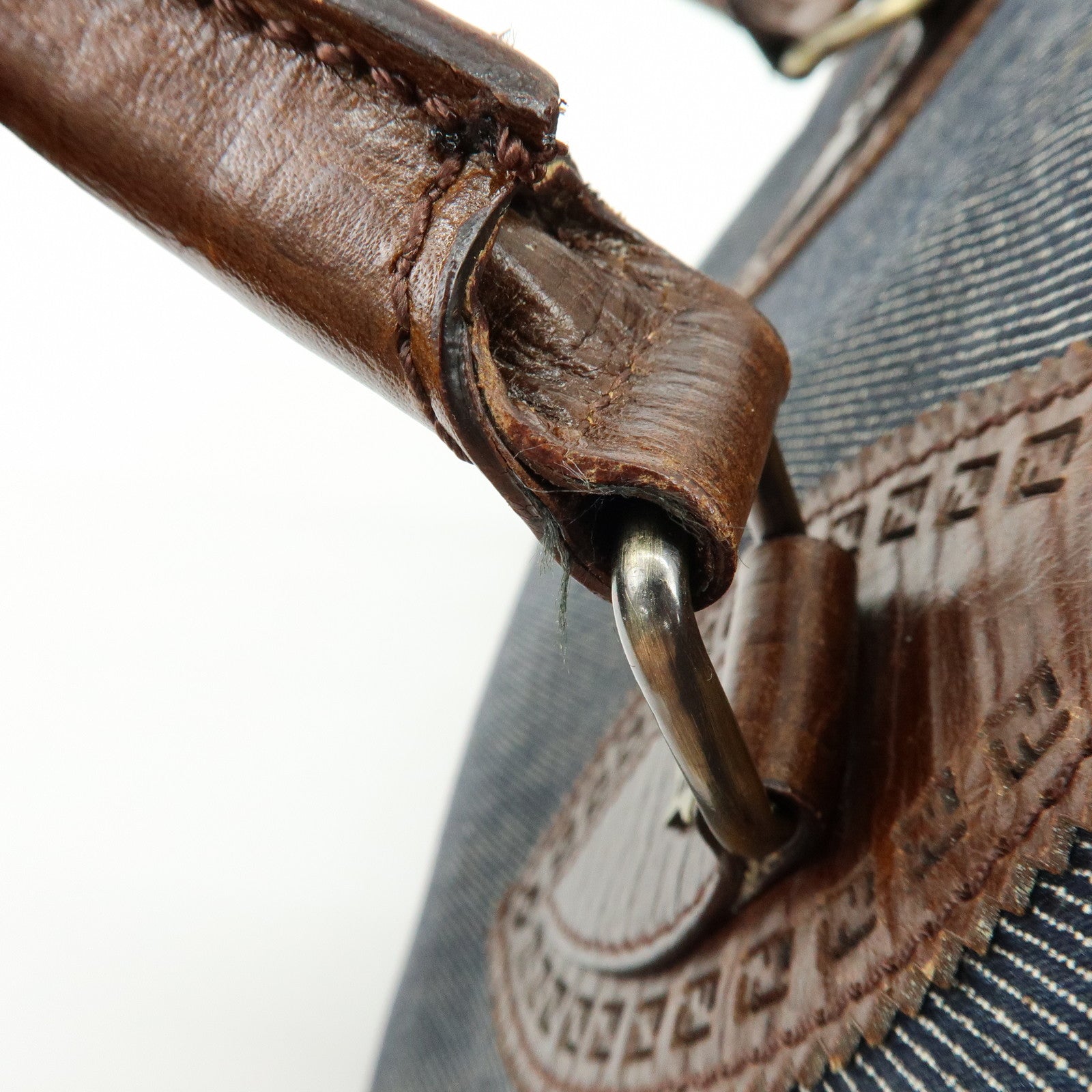 FENDI Etnico Zucca Denim Leather Shoulder Bag Blue Brown 8BN157