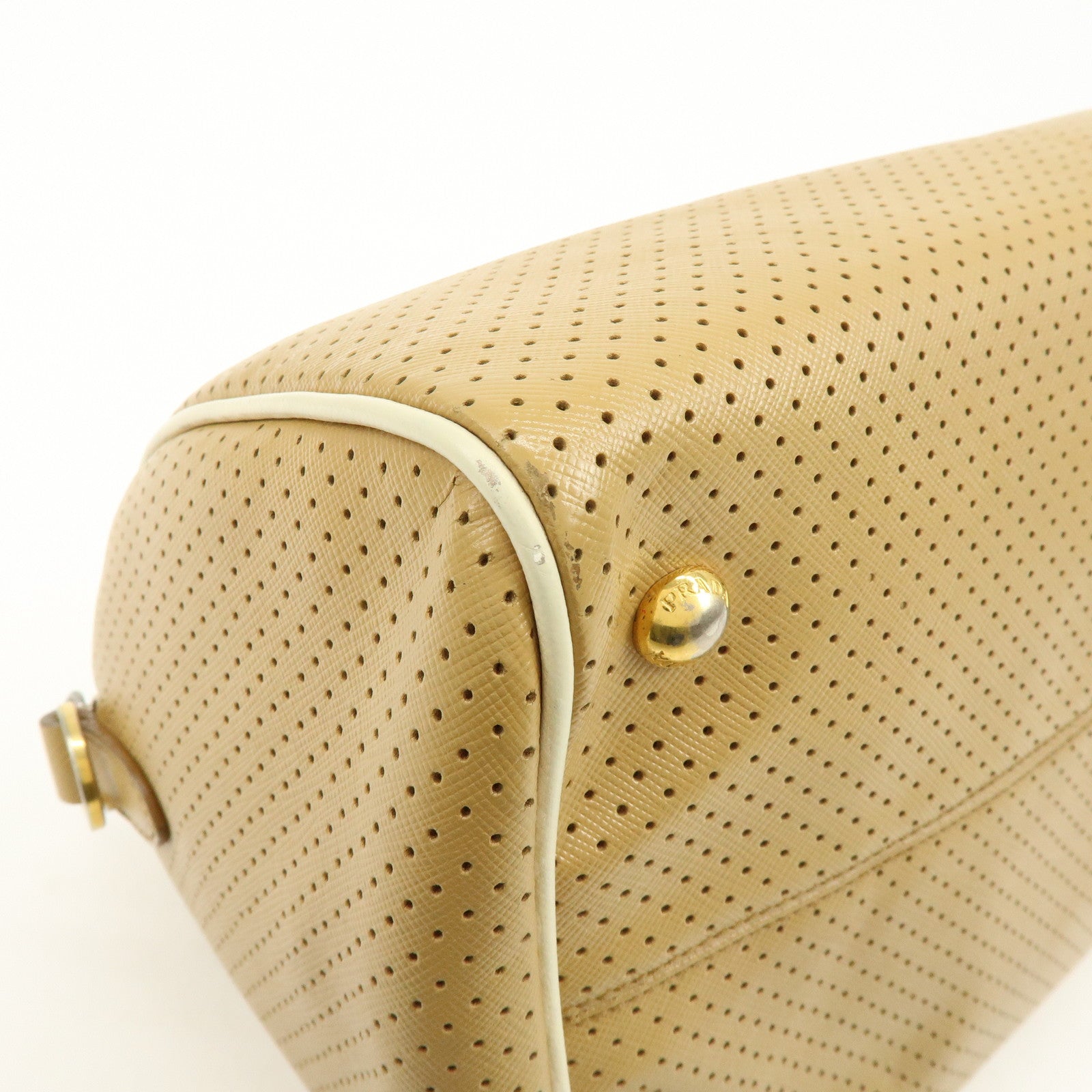 PRADA Triangle Logo Saffiano Leather Punched Boston Bag Beige