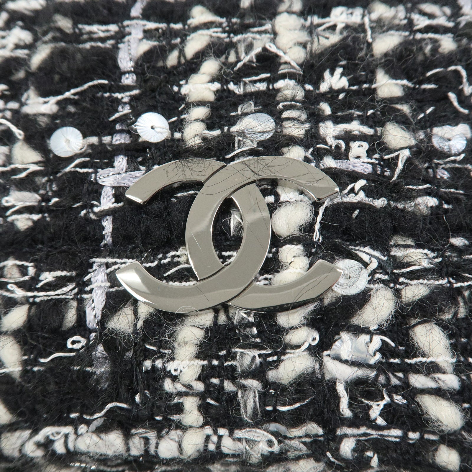 CHANEL Tweed Chain Shoulder Bag Hand Bag Black White 8645695