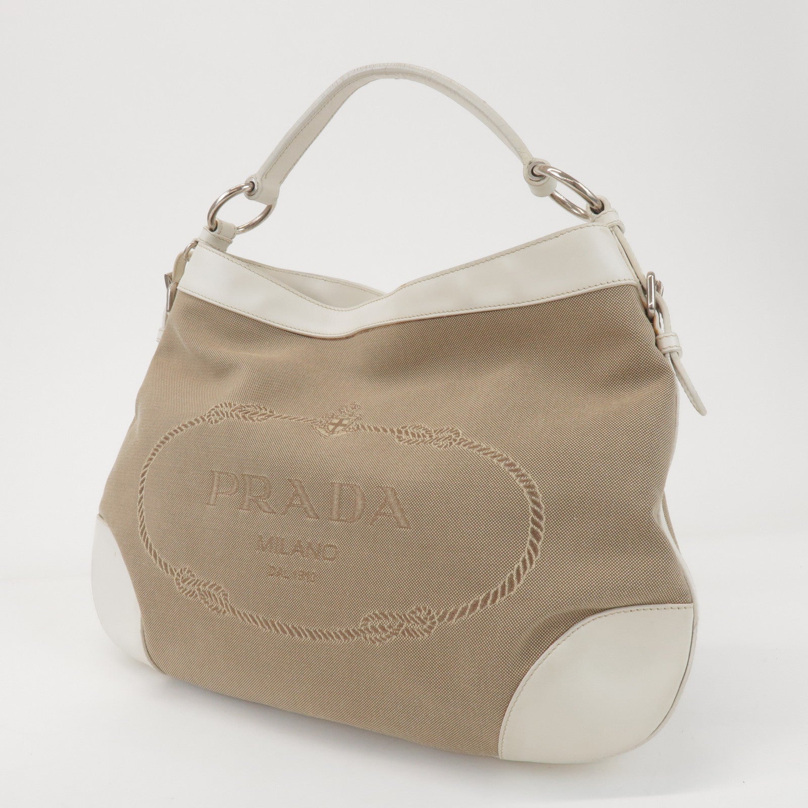 PRADA Jacquard Canvas Leather Shoulder Bag Hand Bag Beige Ivory