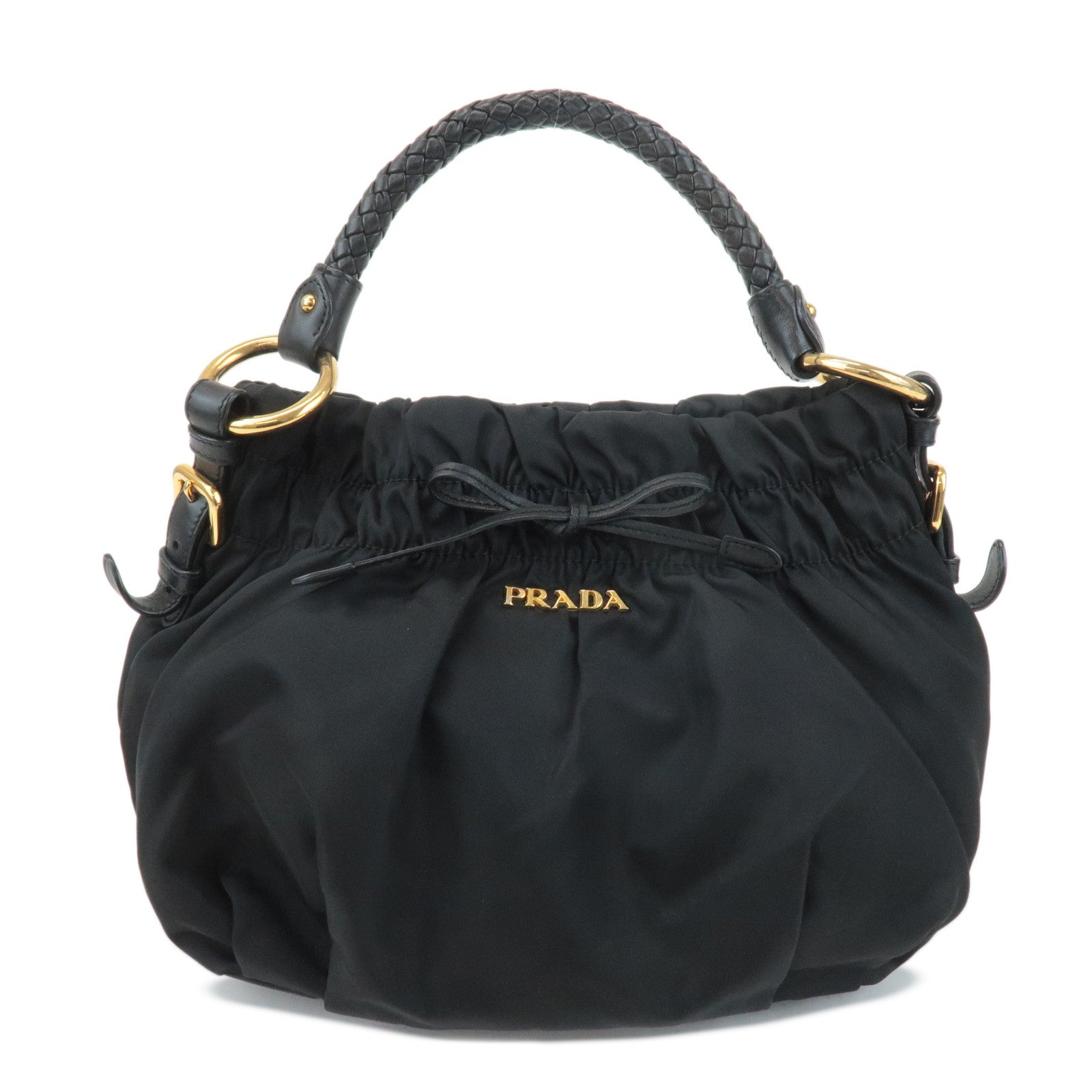 PRADA Ribbon Leather Nylon Shoulder Bag Hand Bag Black