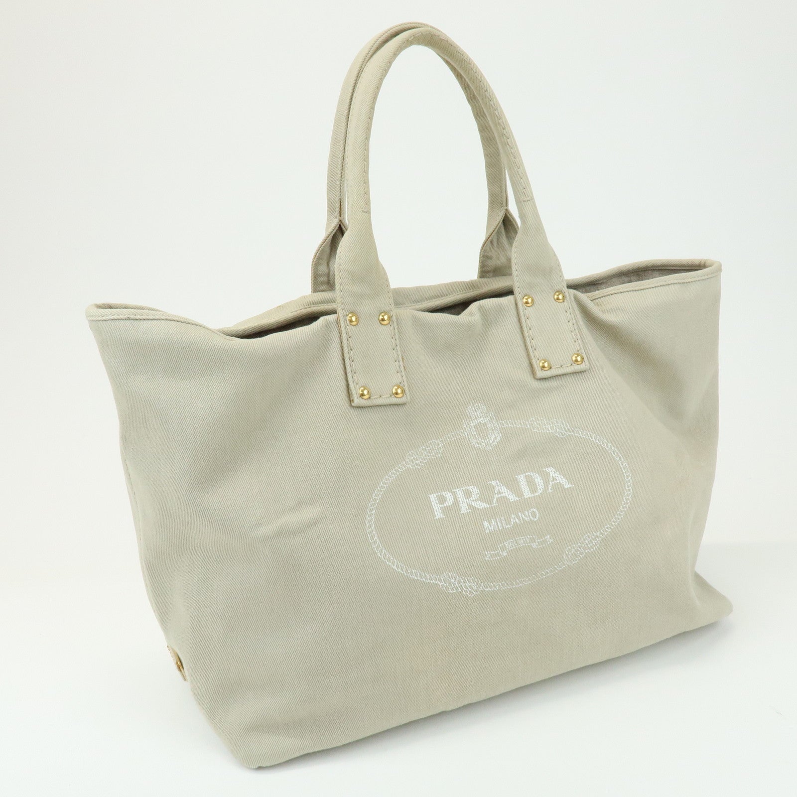 PRADA Triangle Logo Denim Tote Bag Shoulder Bag Light Beige BN2091