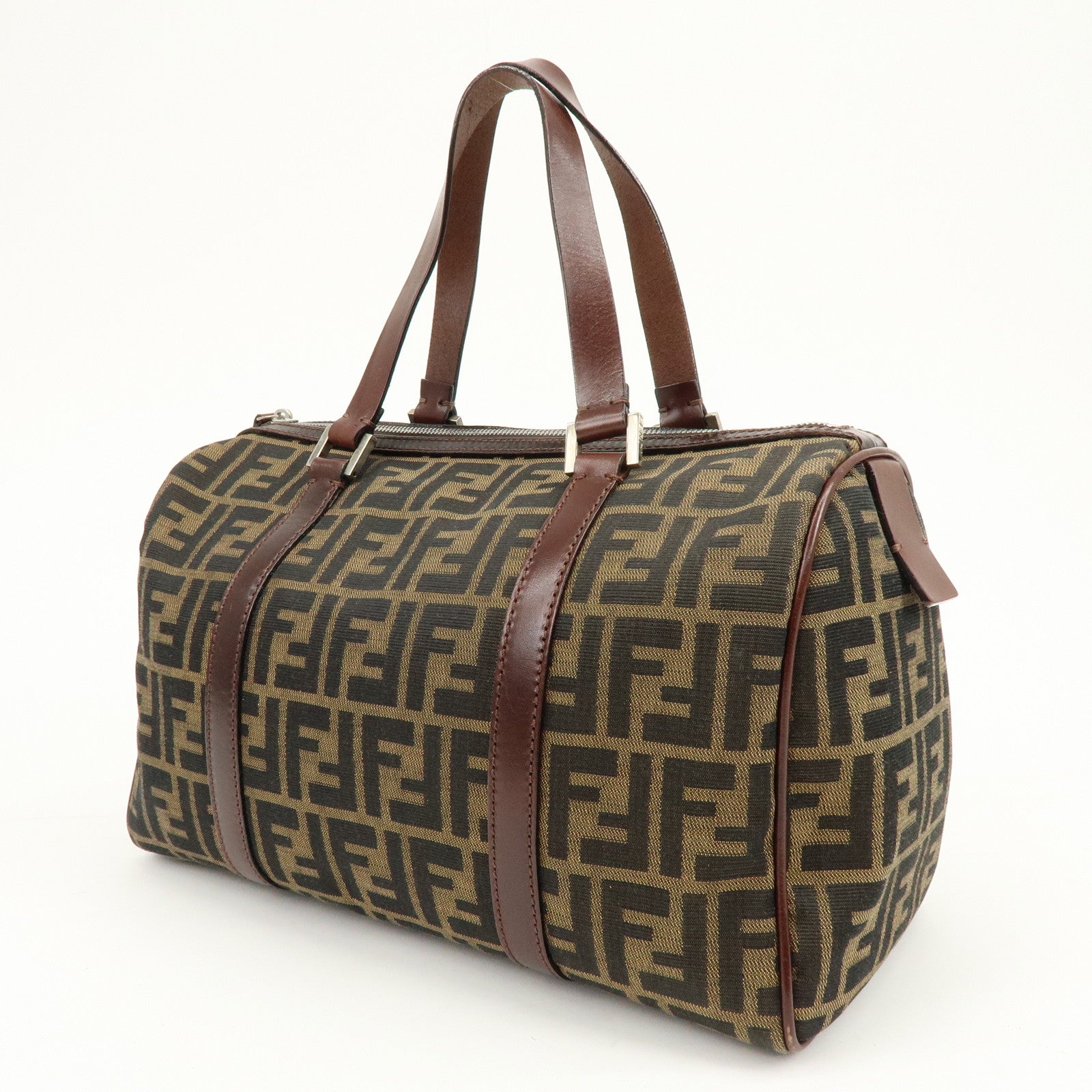 FENDI Zucca Canvas Leather Boston Bag Hand Bag Brown 16327