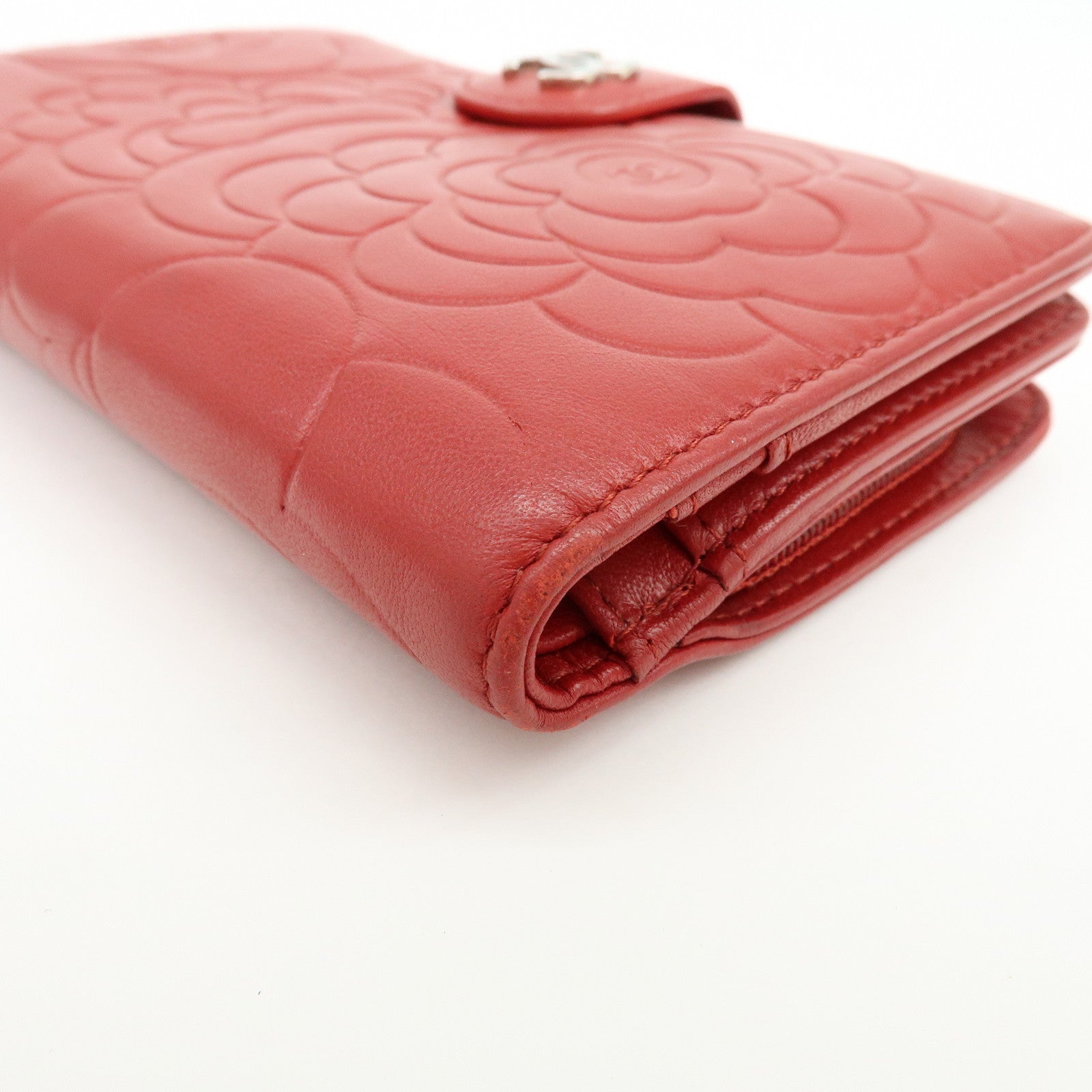 CHANEL Camellia COCO Mark Lamb Skin Bi-fold Compact Wallet Red