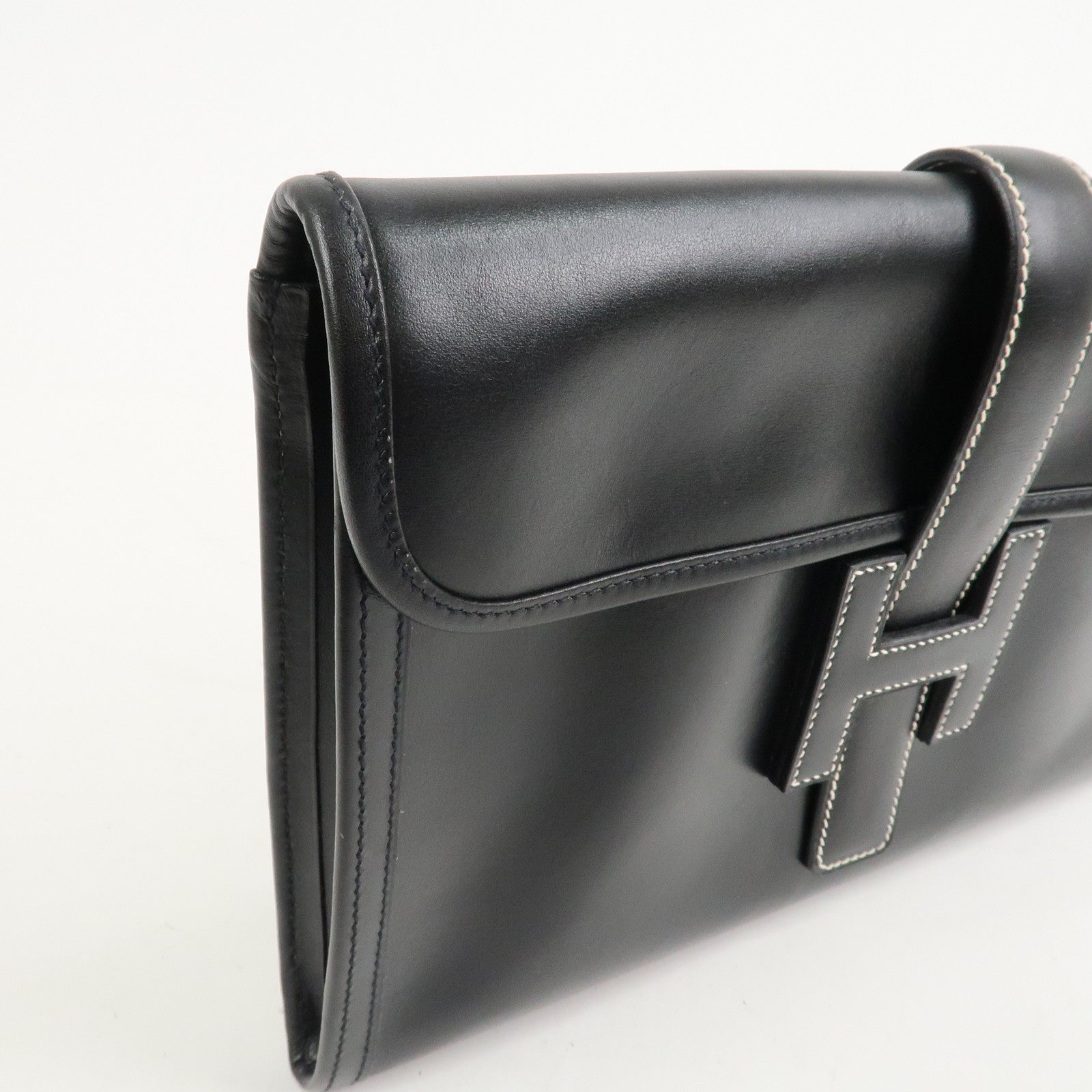 HERMES Box Calf Leather Jige PM Clutch Bag Black