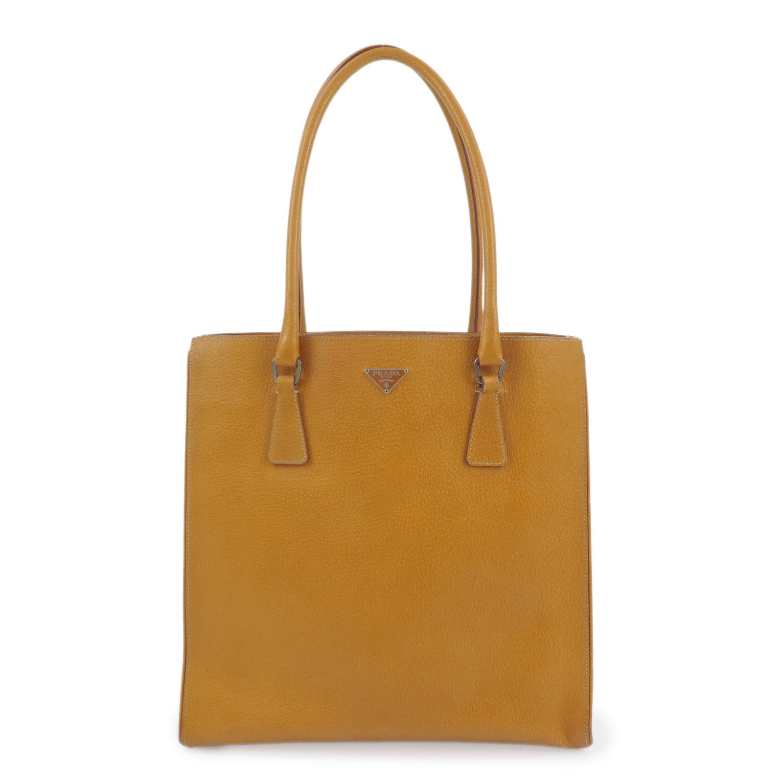 PRADA Triangle Logo Leather Tote Bag Shoulder Bag Light Brown
