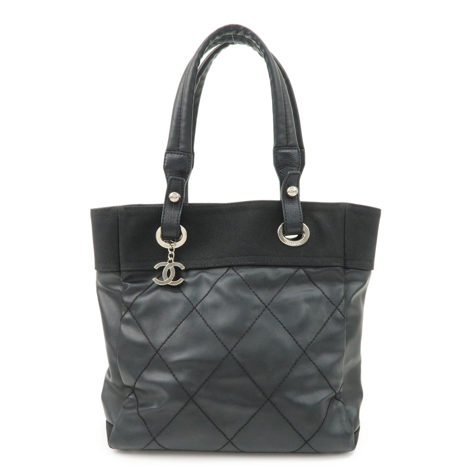 CHANEL Paris Biarritz PM Coated Canvas Leather Tote Bag Black A34208 Used
