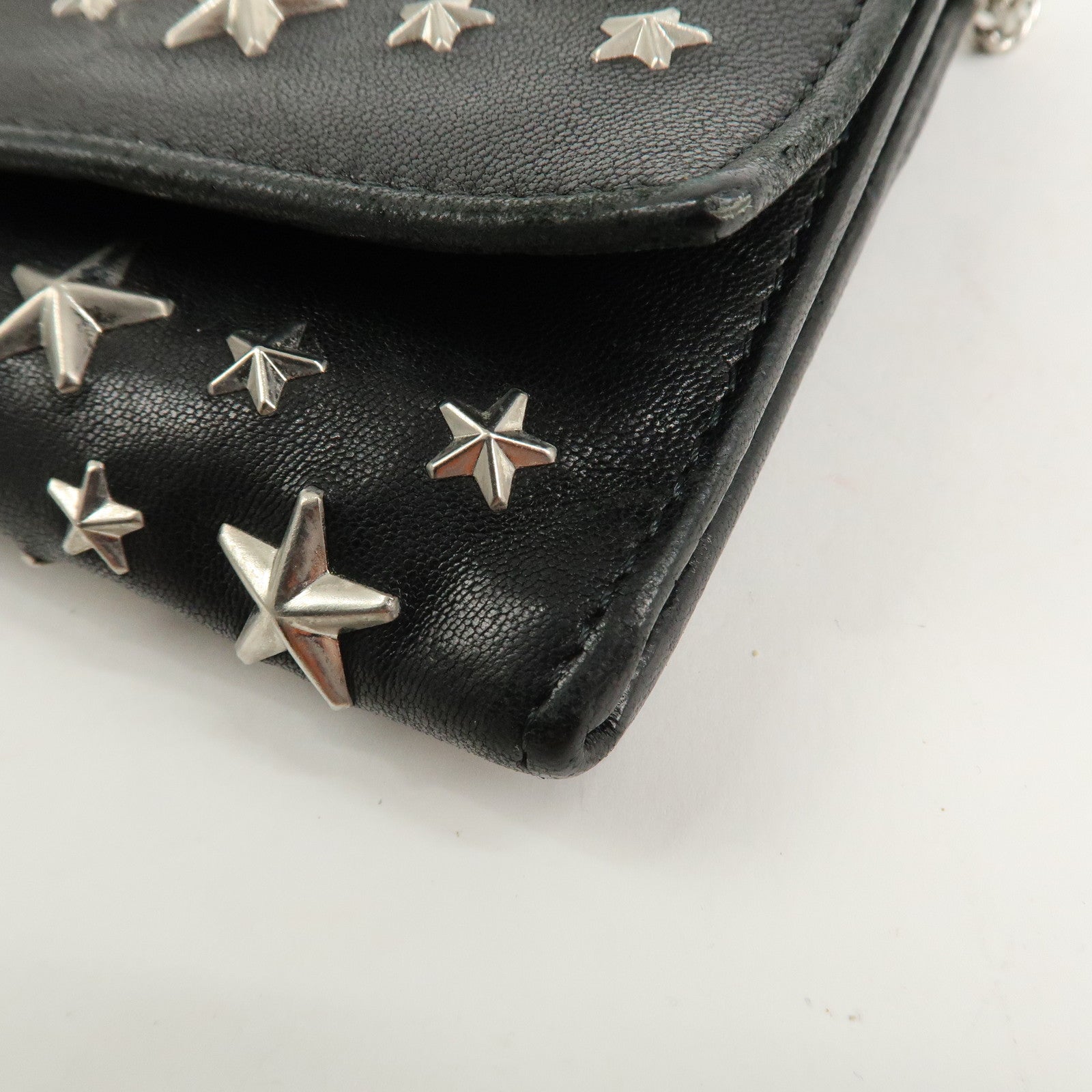 JIMMY CHOO Leather Studs Chain Wallet Shoulder Bag Black Used