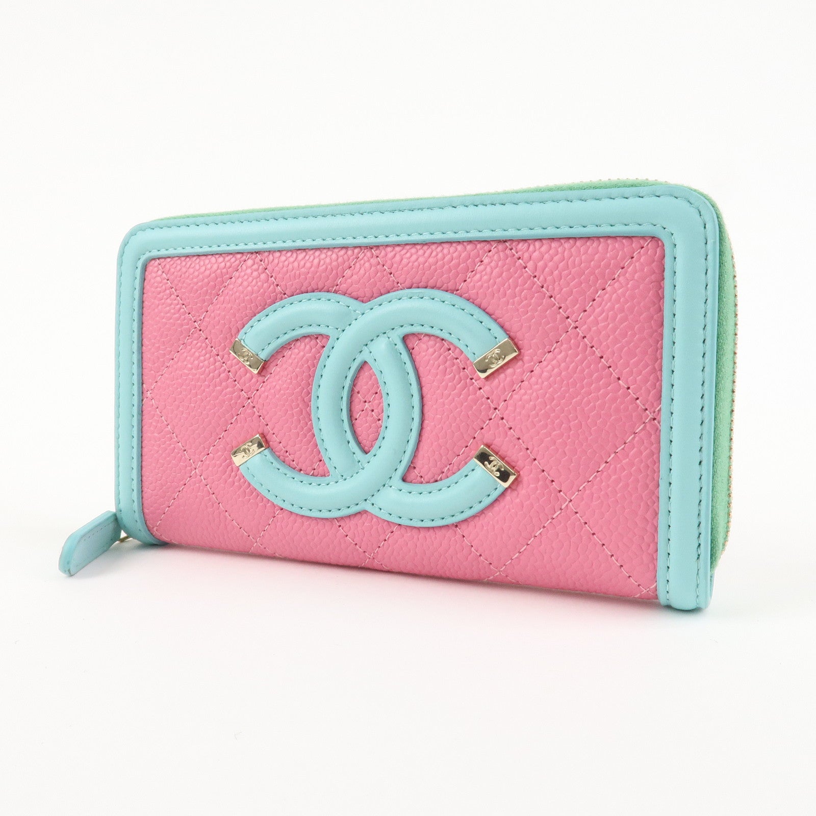 CHANEL COCO Mark CC Filigree Caviarskin Round Zippy Wallet Pink A84446 Used