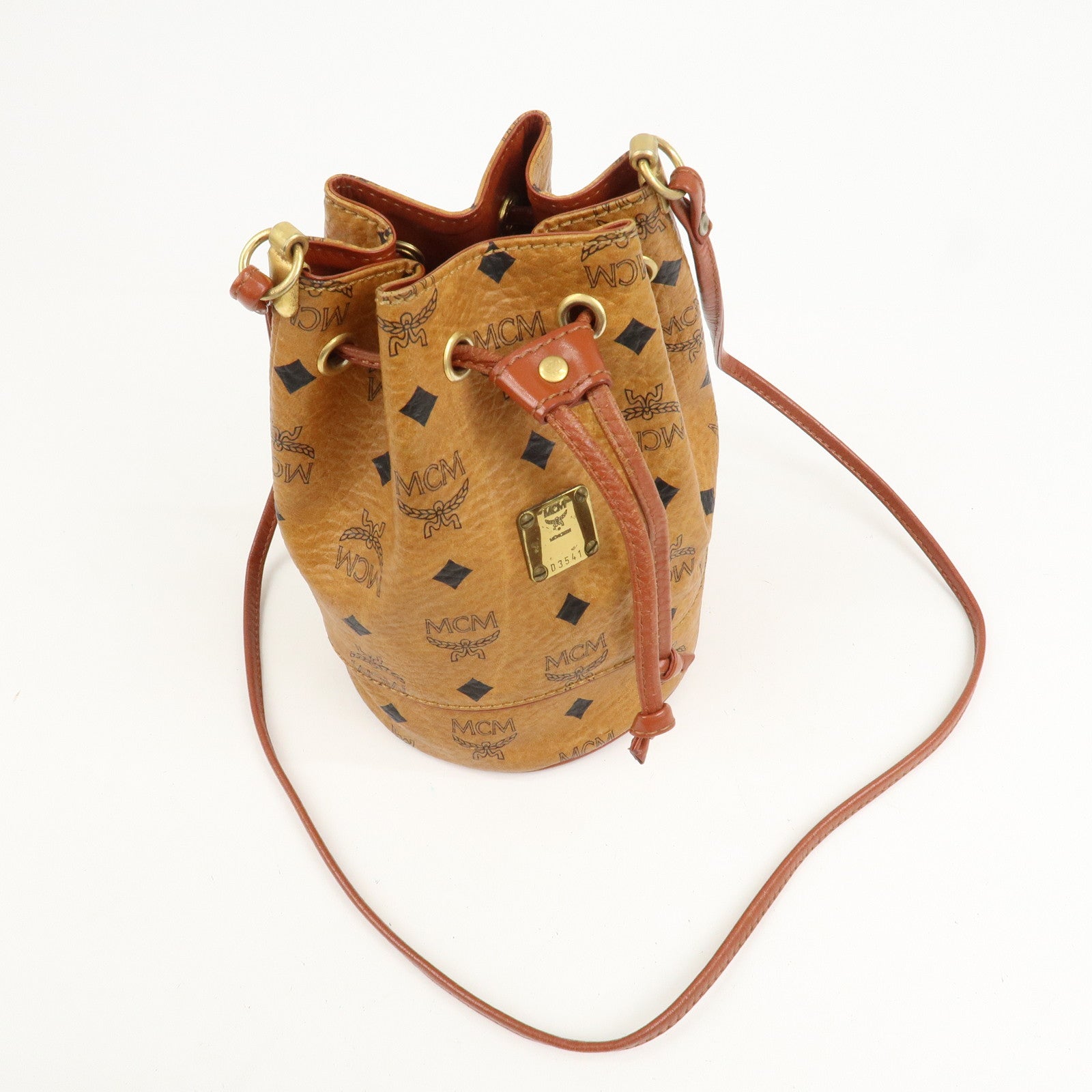 MCM Visetos Leather Drawstring Shoulder Bag Brown