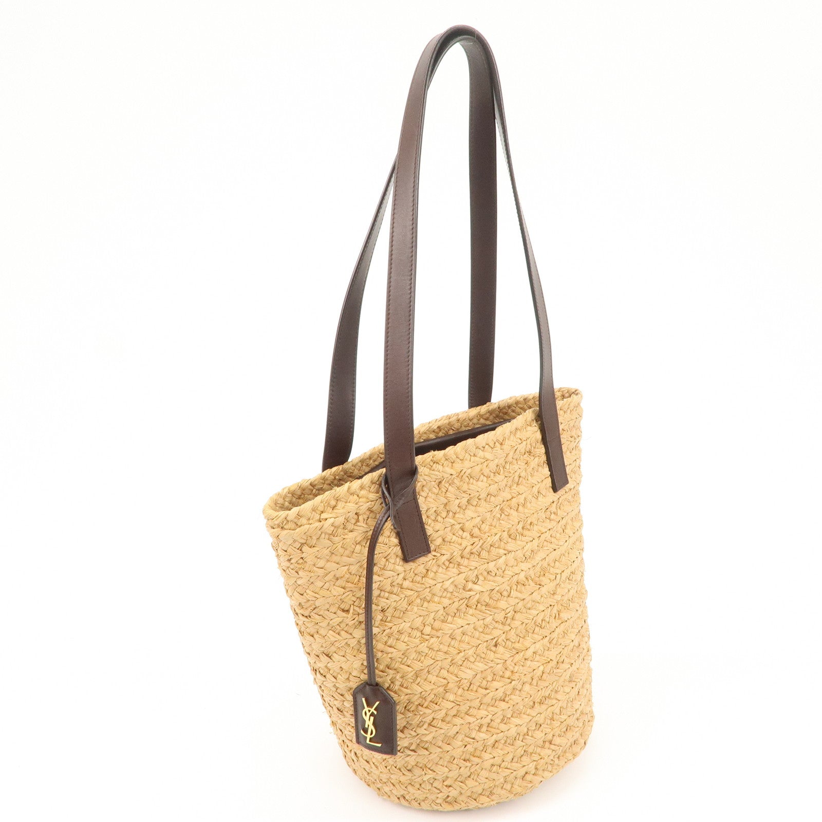 SAINT LAURENT Leather Raffia Tote Bag Shoulder Bag Beige Dark Brown Used