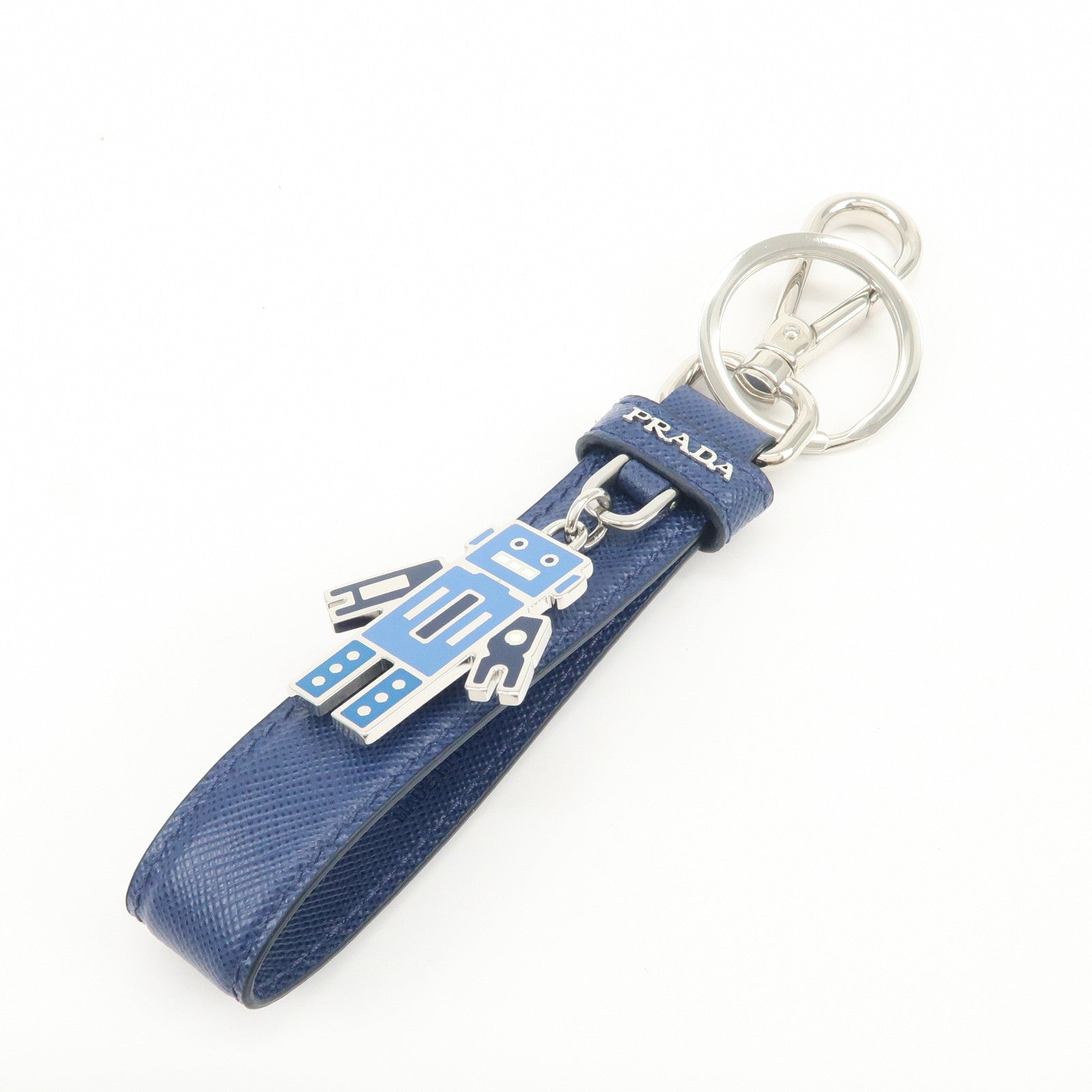 PRADA Saffiano Leather Bag Charm Key Holder Blue 1PP698