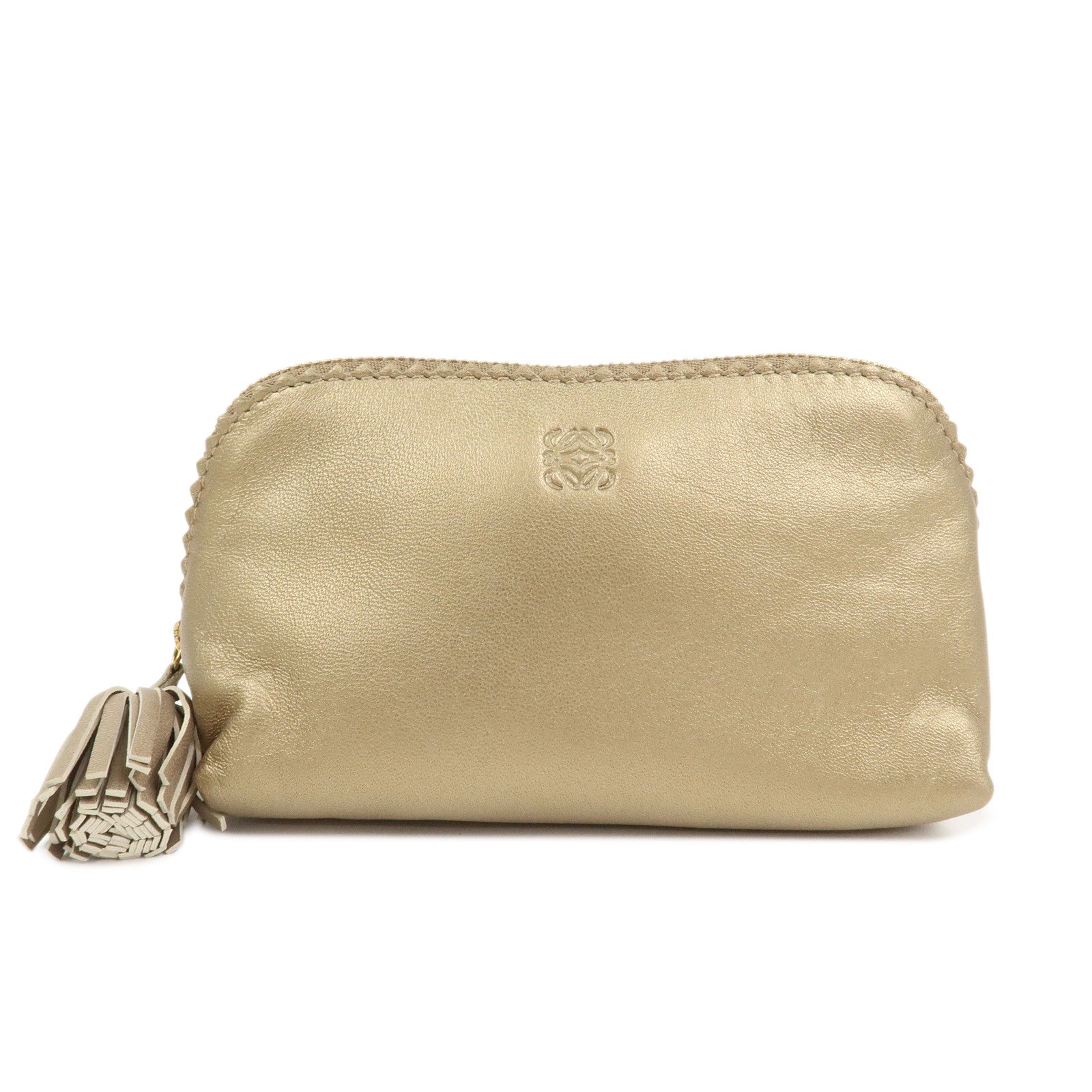 LOEWE Anagram Leather Tassel Pouch Cosmetic Pouch Gold
