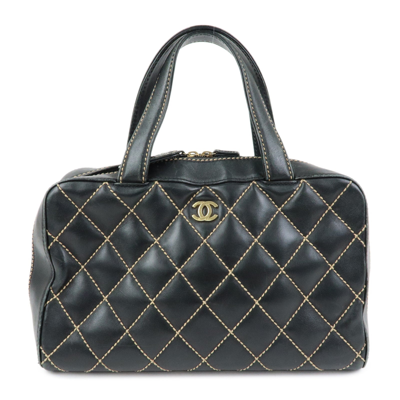 CHANEL Wild Stitch COCO Mark Calf Leather Boston Bag Black A18121