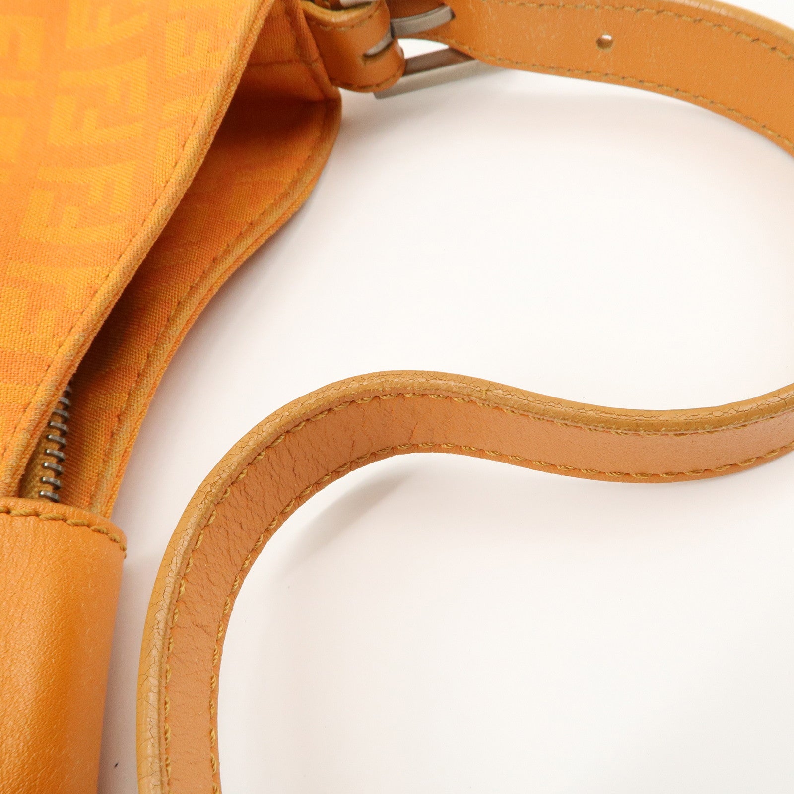 FENDI Zucchino Canvas Leather Shoulder Bag Hand Bag Orange 8BR036 Used