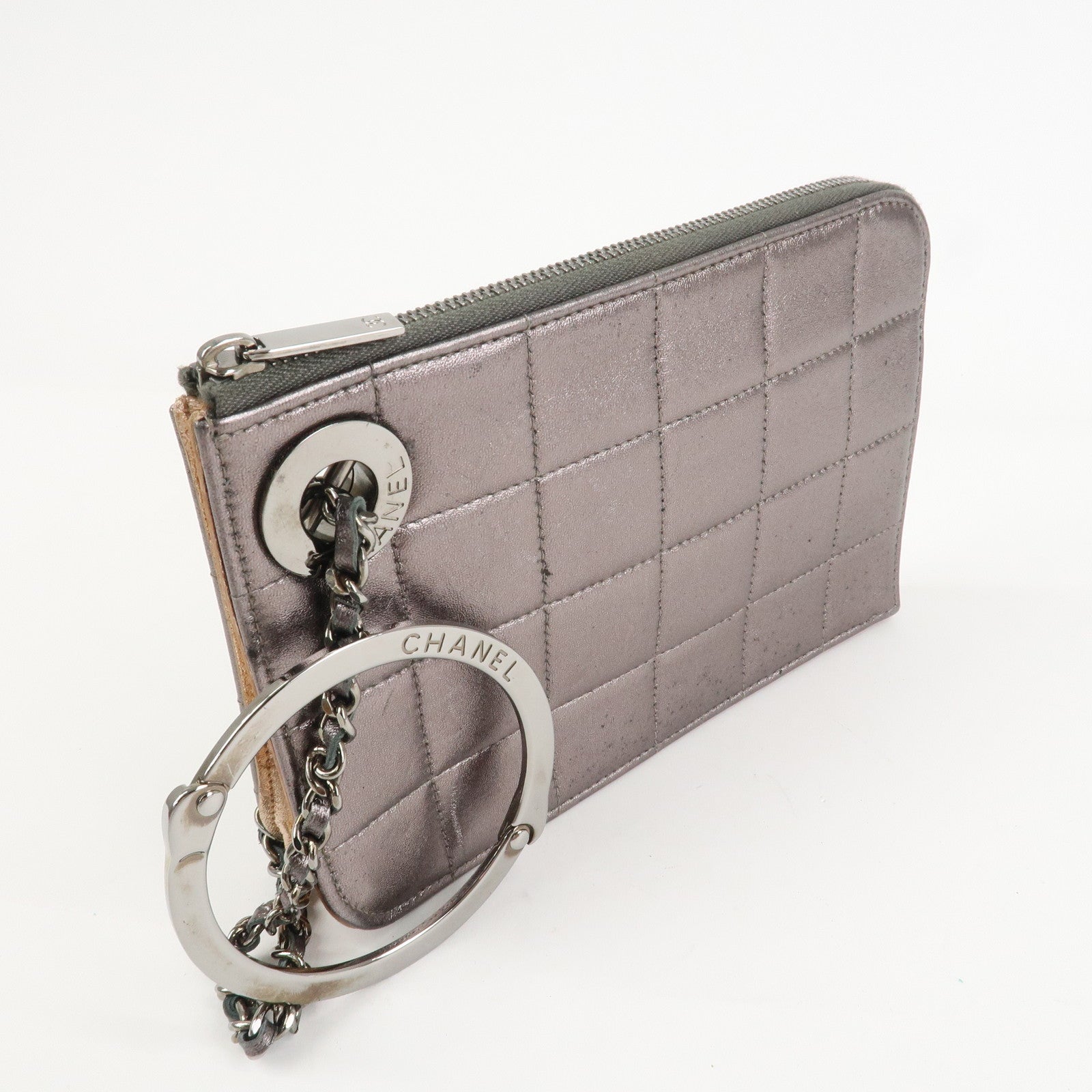 CHANEL Chocolate Bar Leather Clutch Bag Hand Bag Silver