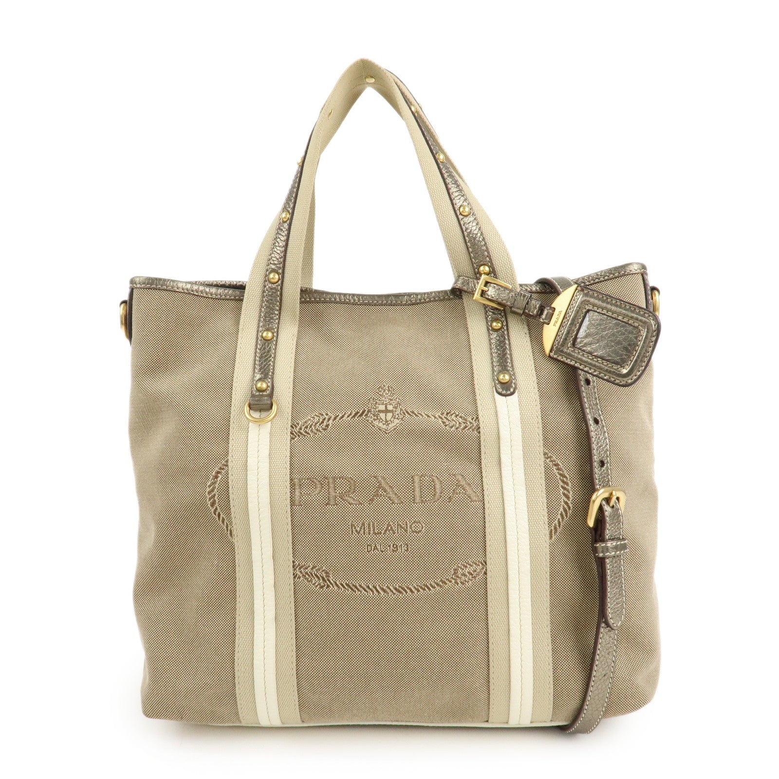 PRADA Nylon Jacquard 2Way Tote Shoulder Bag Beige BN1452 Used