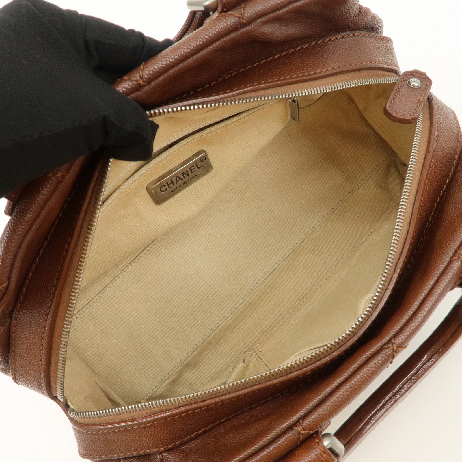 CHANEL COCO Mark Wild Stitch Caviarskin Boston Bag Brown