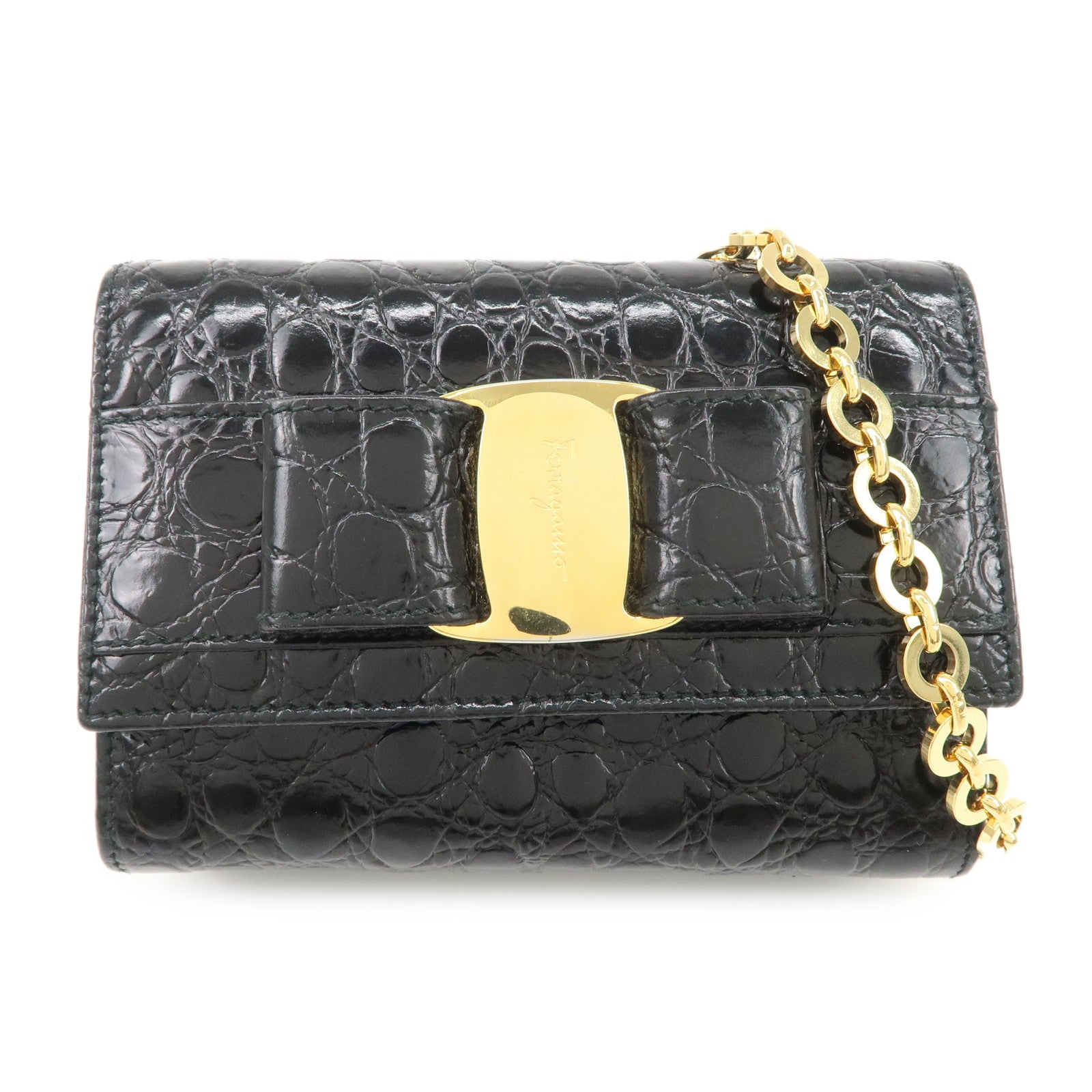 Ferragamo Vara Ribbon Leather Chain Shoulder Bag Black AQ213202