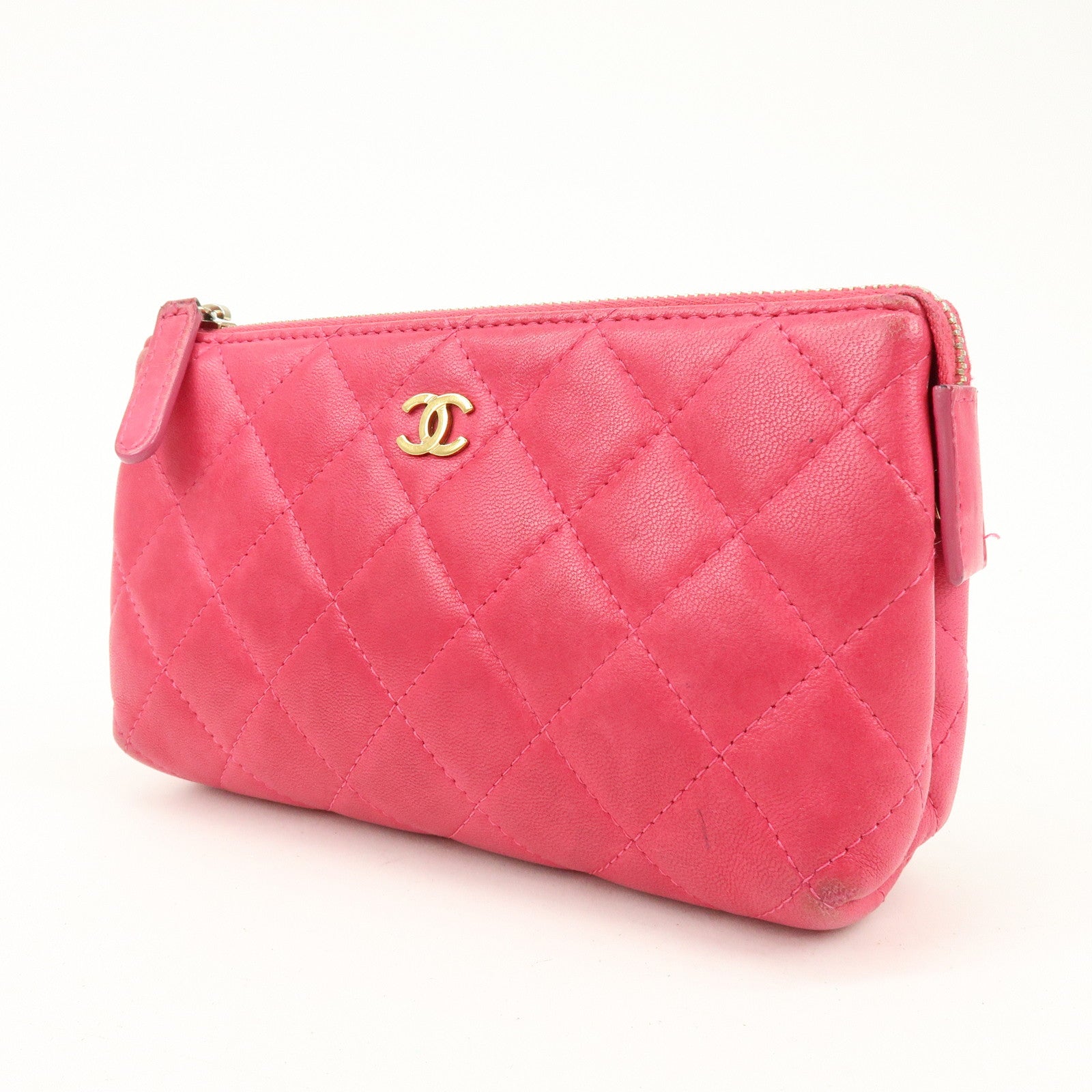 CHANEL Matelasse COCO Mark Lamb Skin Cosmetic Accessory Pouch Pink