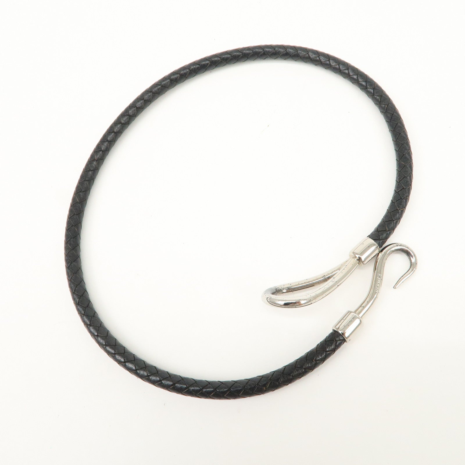 HERMES Leather Jumbo Choker Bracelet Black Silver HDW