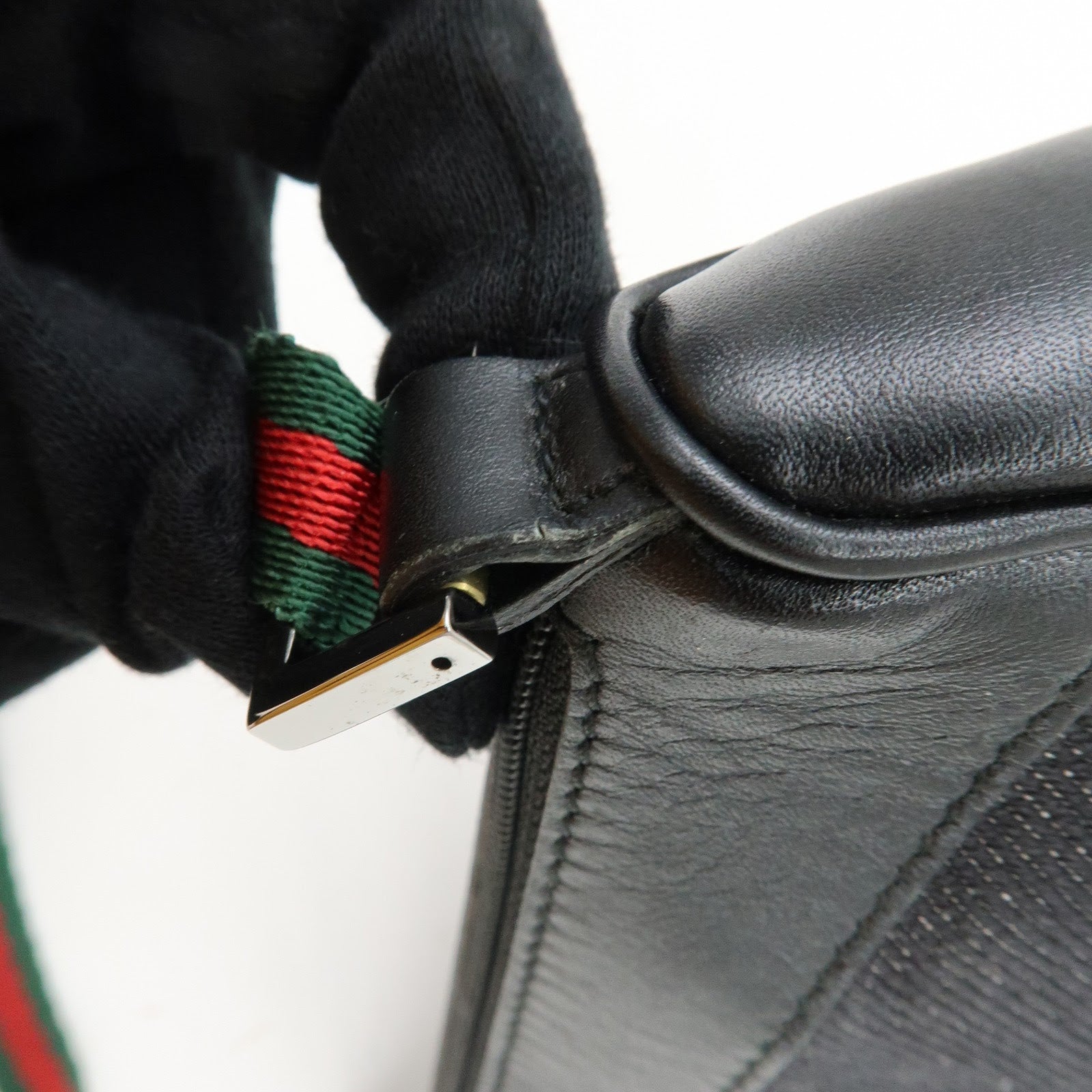 GUCCI Sherry Leather Denim Accessory Pouch Hand Bag Black 92820
