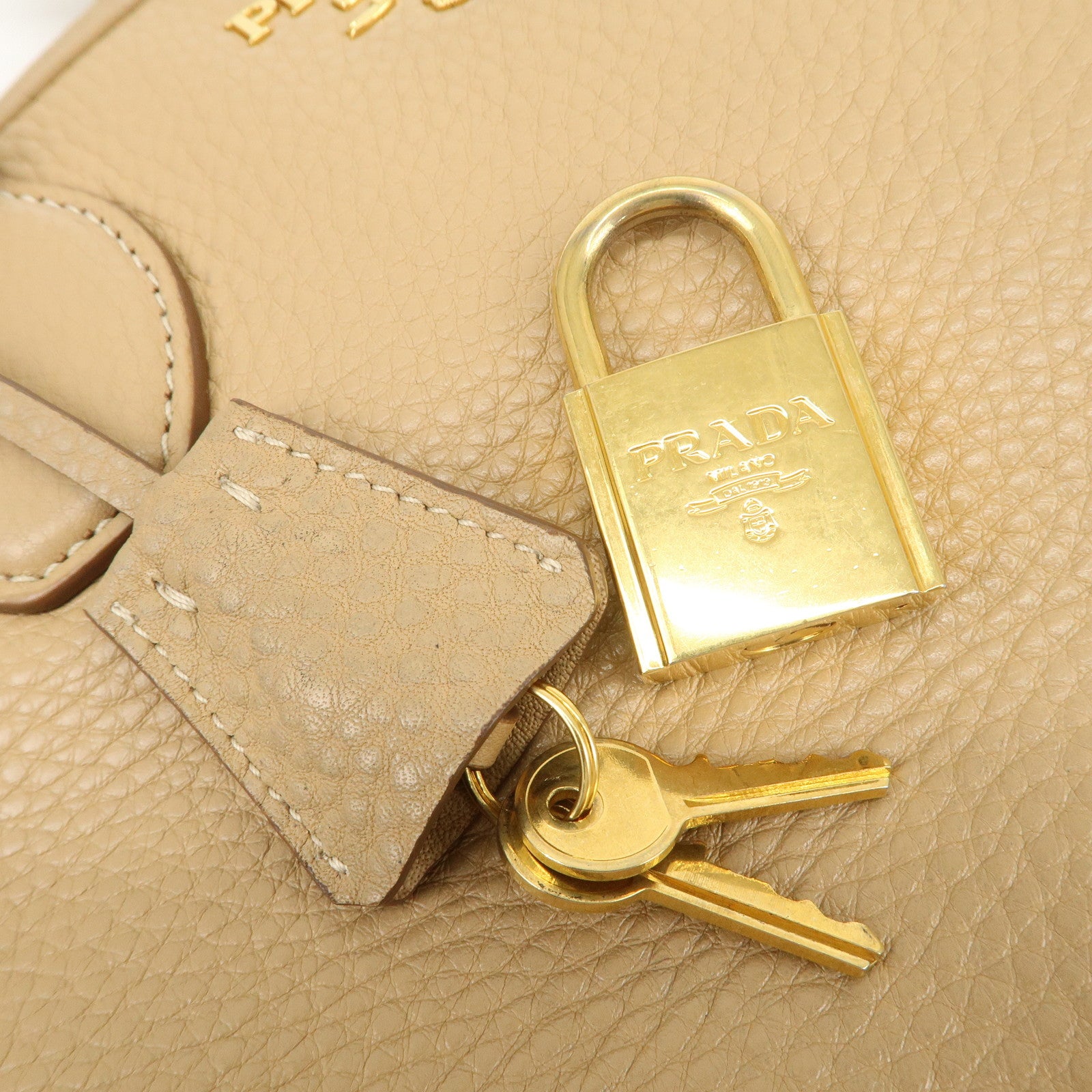 PRADA Leather Boston Bag Hand Bag Beige Gold BL8062