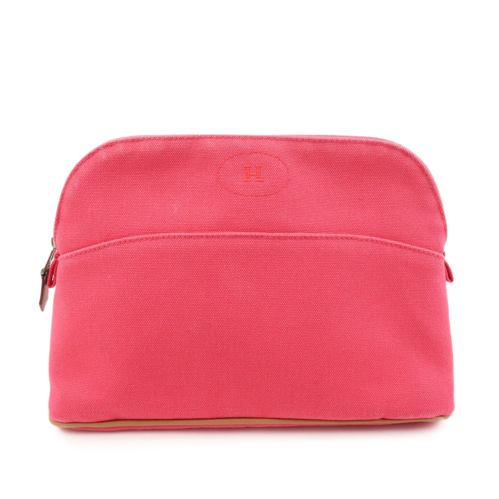 HERMES Bolide MM Cotton Leather Pouch Cosmetic Case Pink Orange