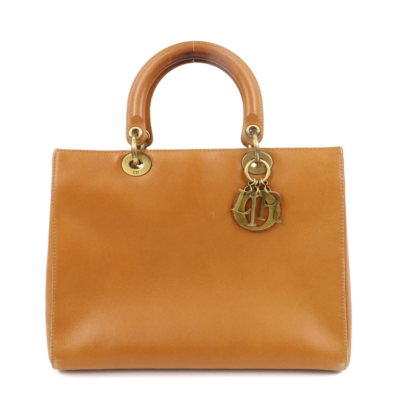 Christian Dior Lady Dior Leather Tote Bag Hand Bag Brown Gold