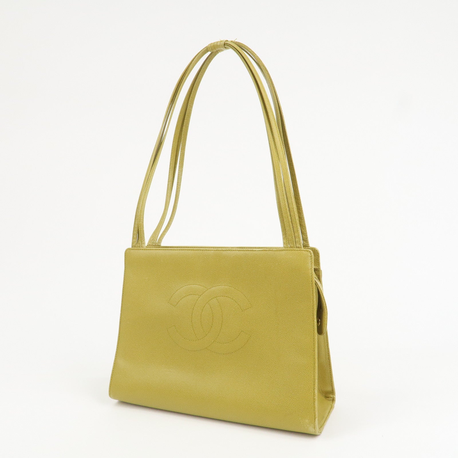 CHANEL COCO Mark Caviaskin Leather Tote Bag Hand Bag Yellow