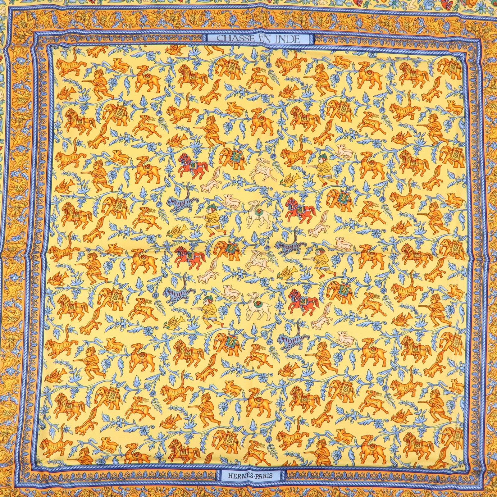 HERMES Carre 90 Silk 100% Scarf CHASSE EN INDE Orange Multicolor
