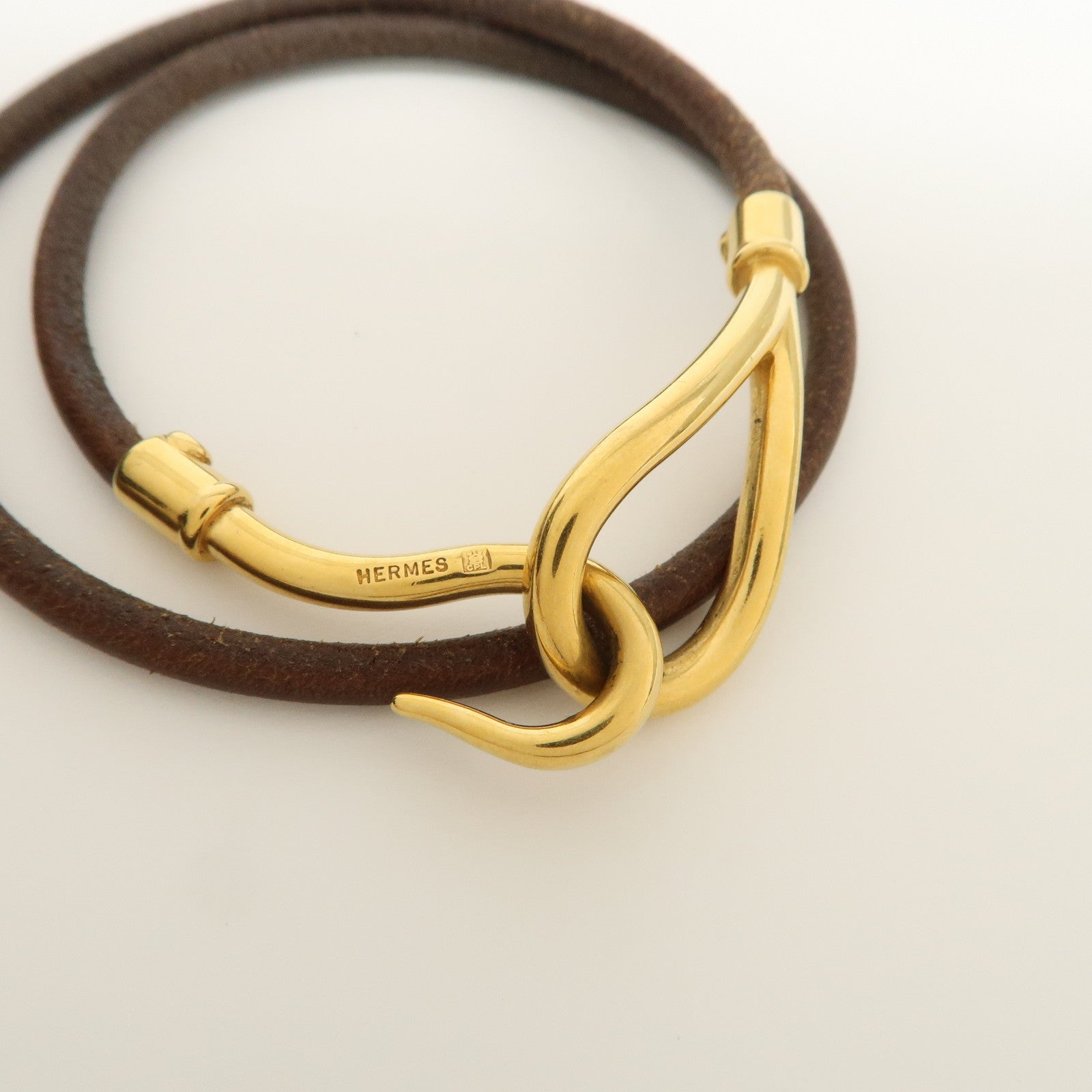HERMES Logo Leather Metal Jumbo Choker Bracelet Brown