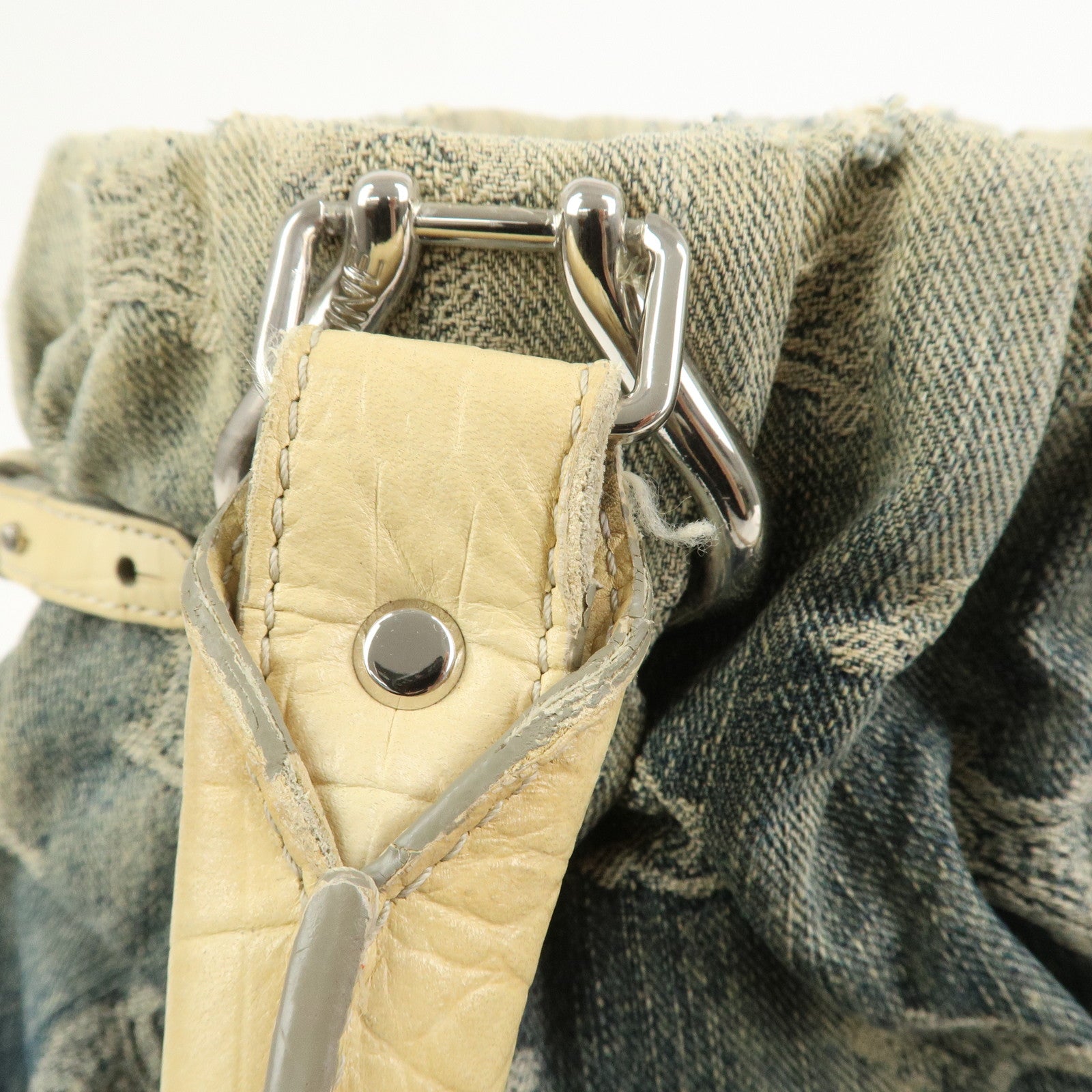 CELINE Macadam Denim Emboss Leather Tote Bag Hand Bag Blue Ivory