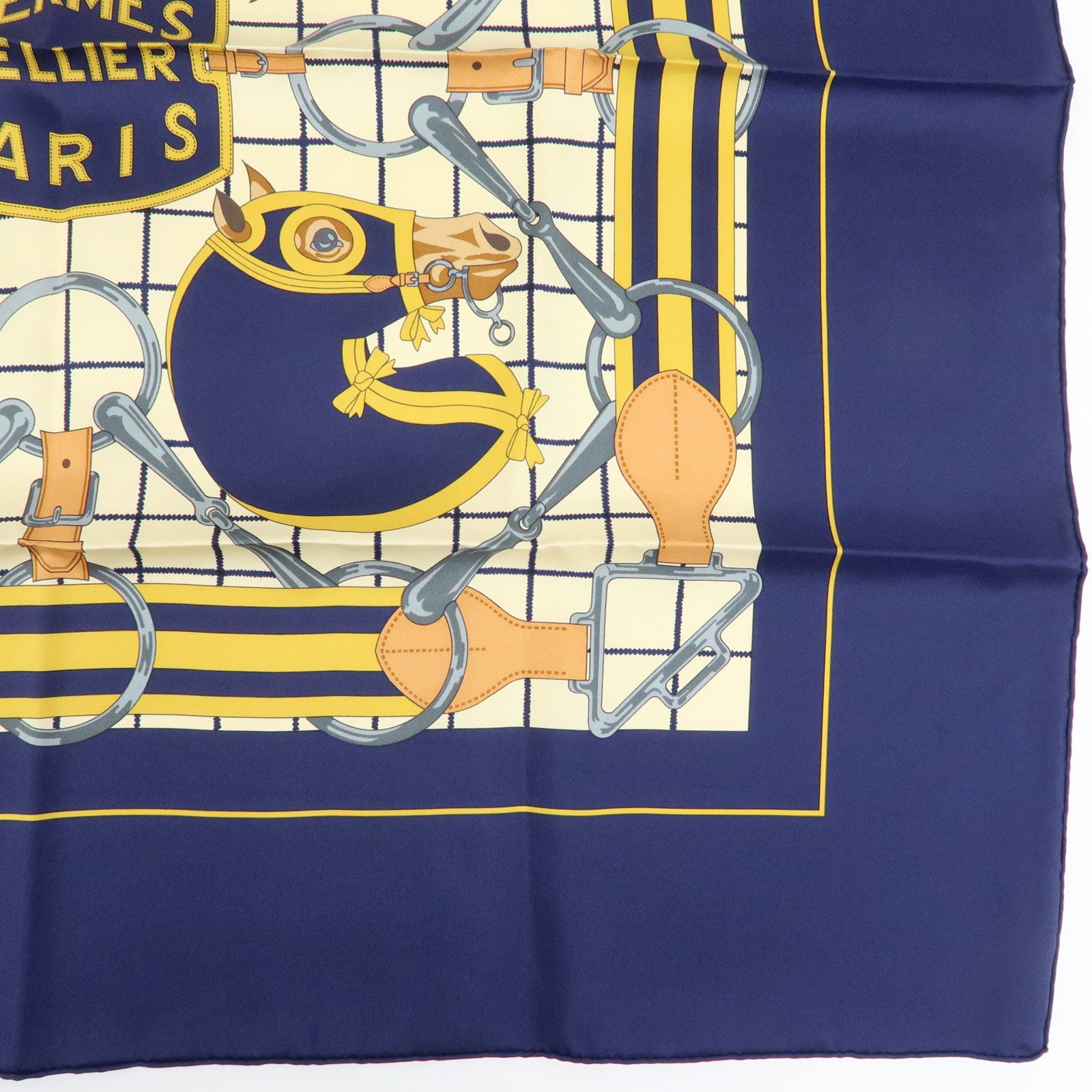HERMES Carre 70 Silk 100% Scarf Tattersalles Navy Beige