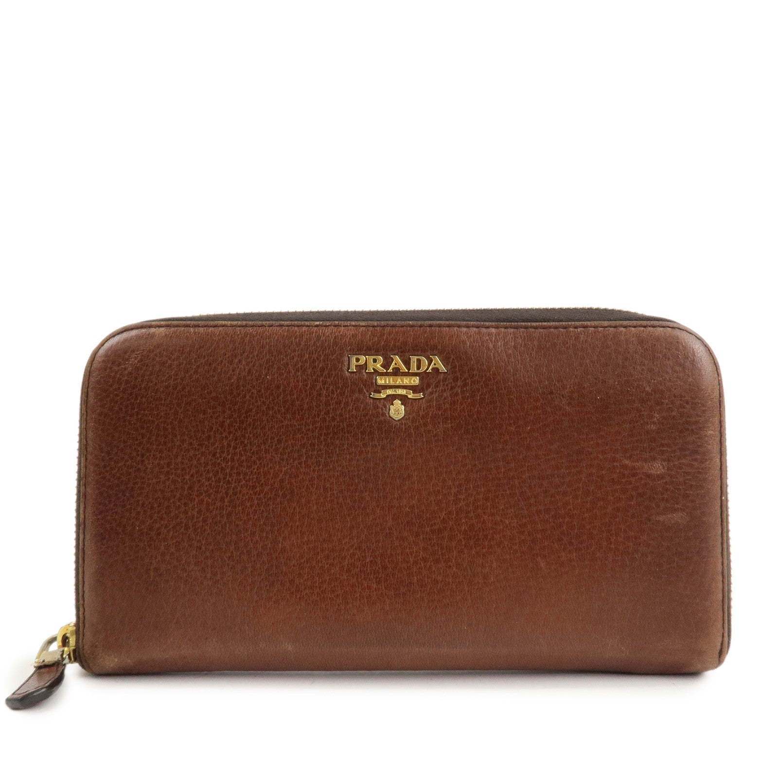 PRADA Saffiano Leather Round Zippy Long Wallet Brown 1M0506 Used