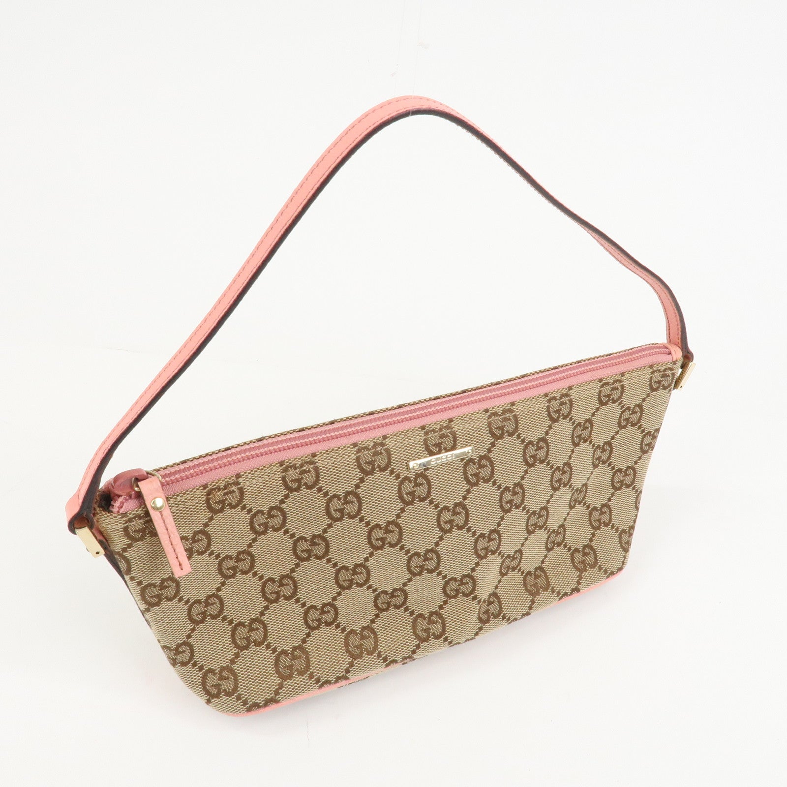 GUCCI Boat Bag GG Canvas Leather Hand Bag Brown Pink 07198