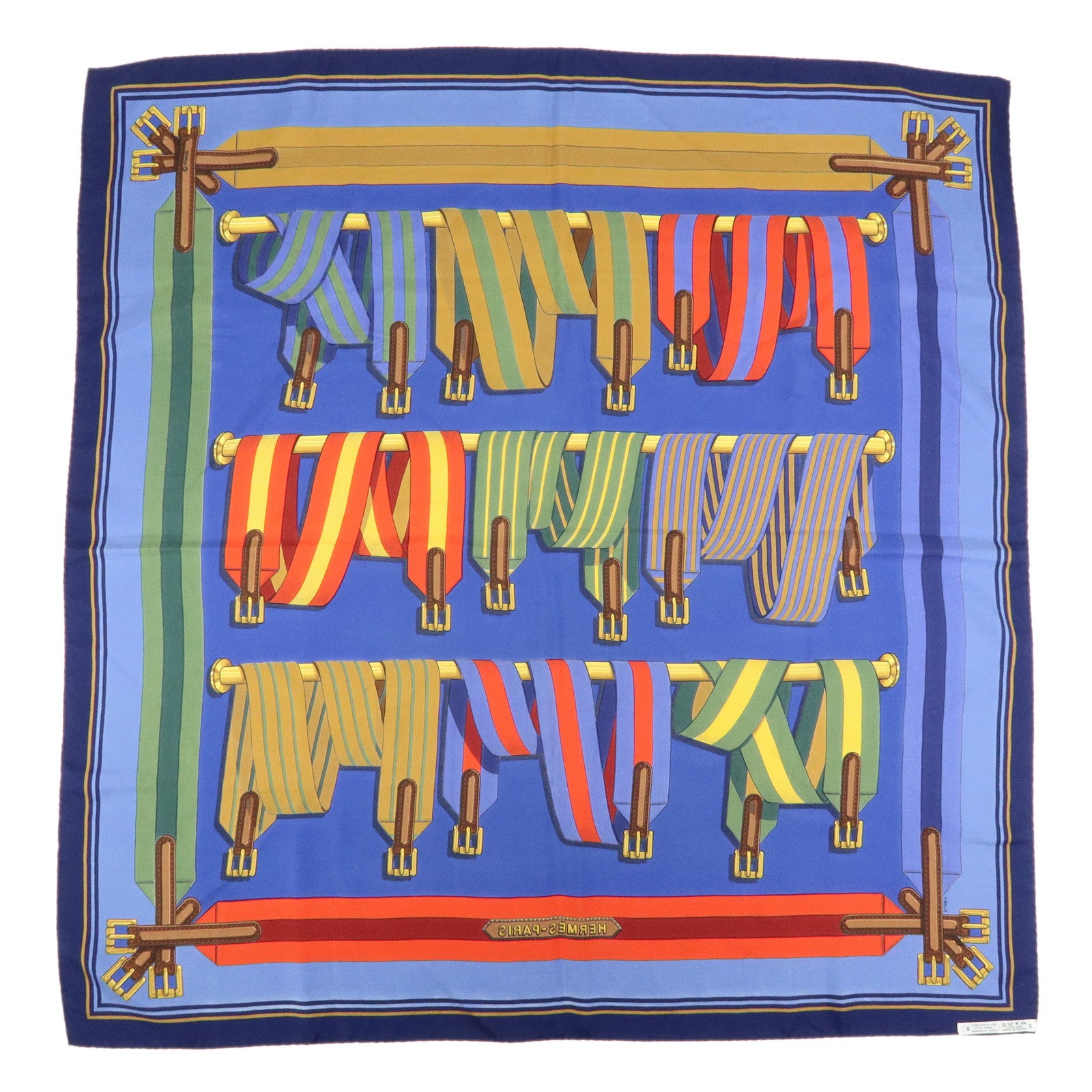 HERMES Carre 90 Silk 100% J.METZ Les Sangles Scarf Blue Green Red