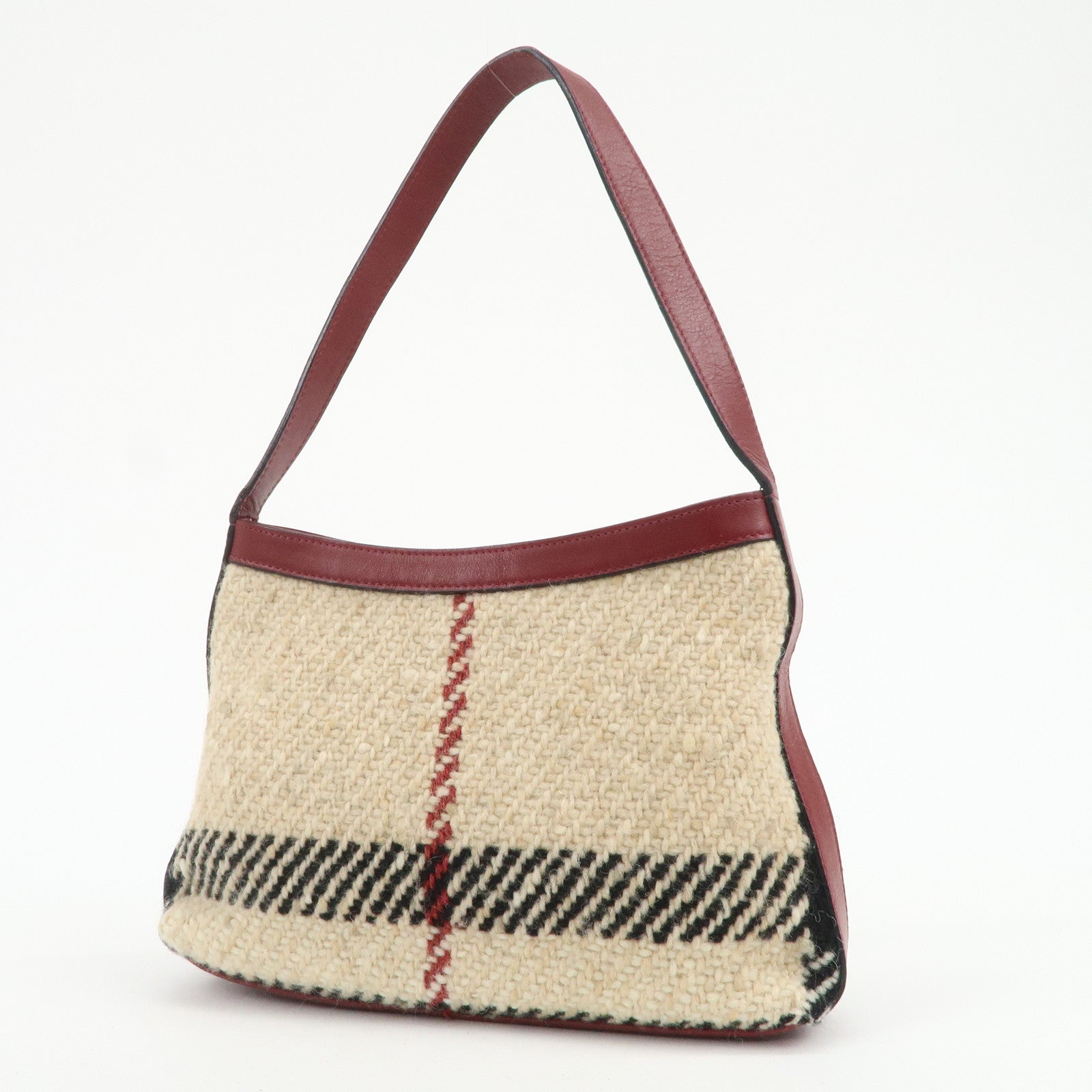 BURBERRY Wool Leather Hand Bag Plaid Wine Red Beige